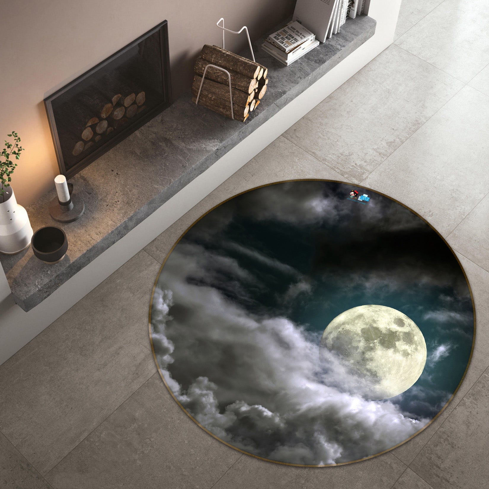 3D Clouds Moon 72066 Round Non Slip Rug Mat