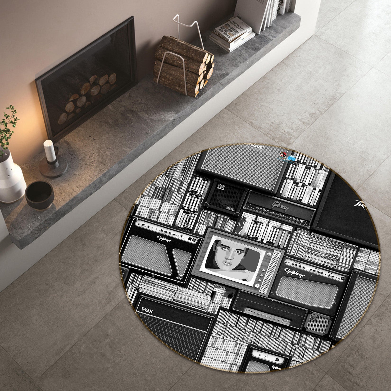3D Black Gray TV 64090 Round Non Slip Rug Mat