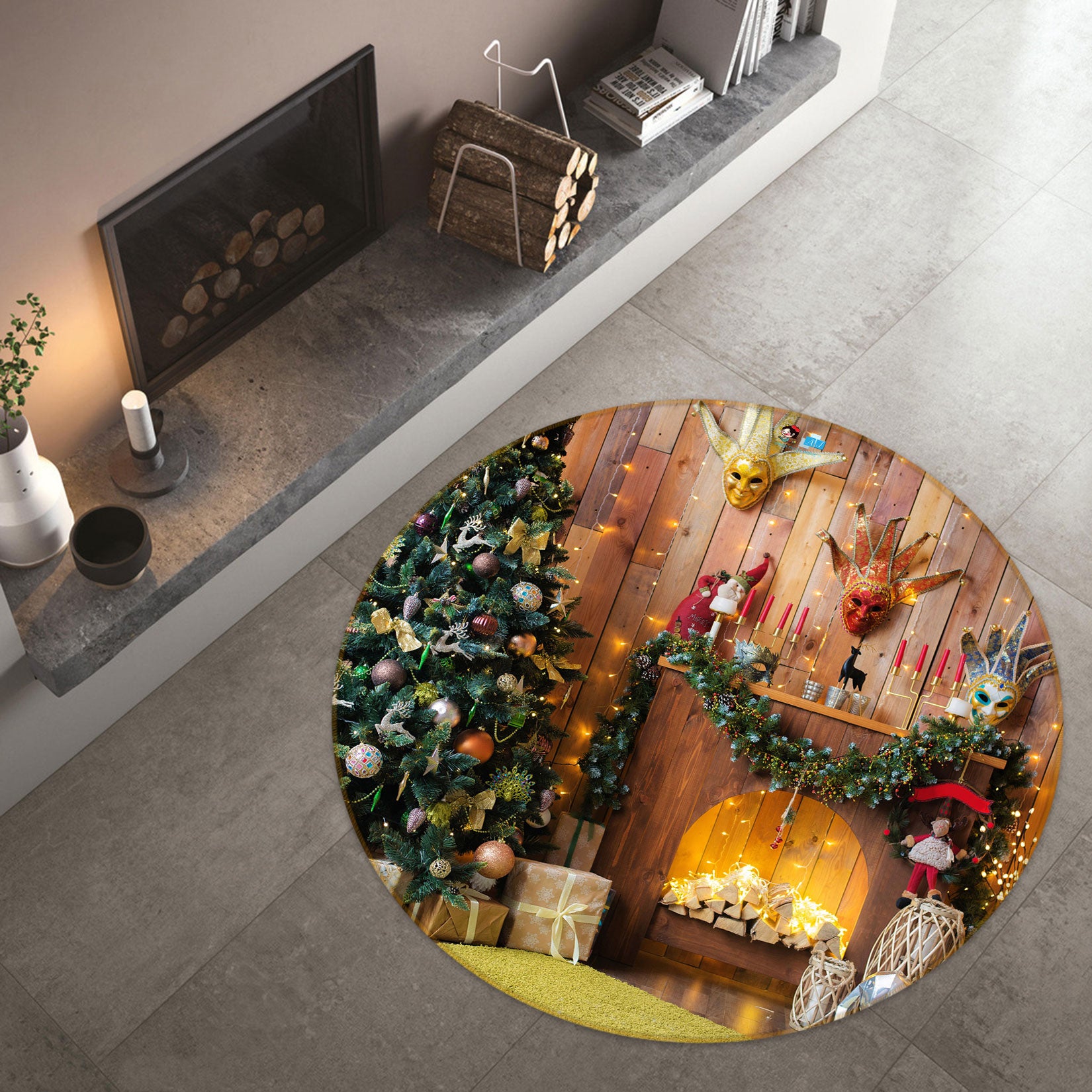 3D Fireplace Tree 54075 Christmas Round Non Slip Rug Mat Xmas