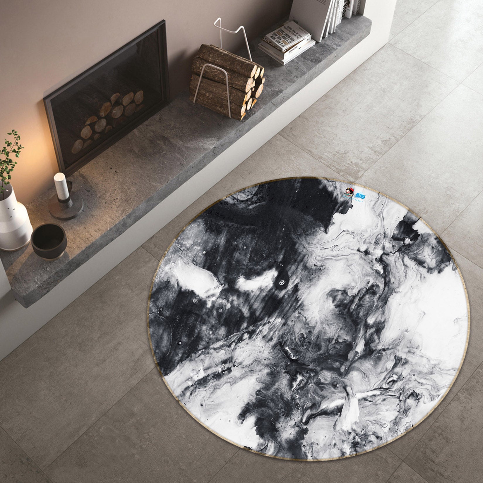 3D Black White Abstract Texture 74176 Round Non Slip Rug Mat