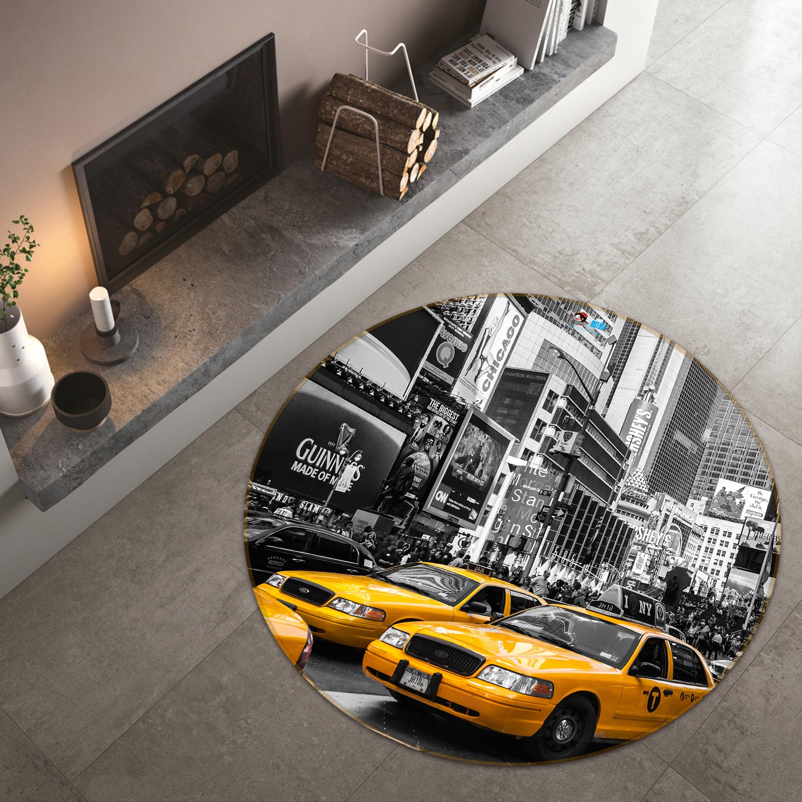 3D Yellow Car 74199 Round Non Slip Rug Mat