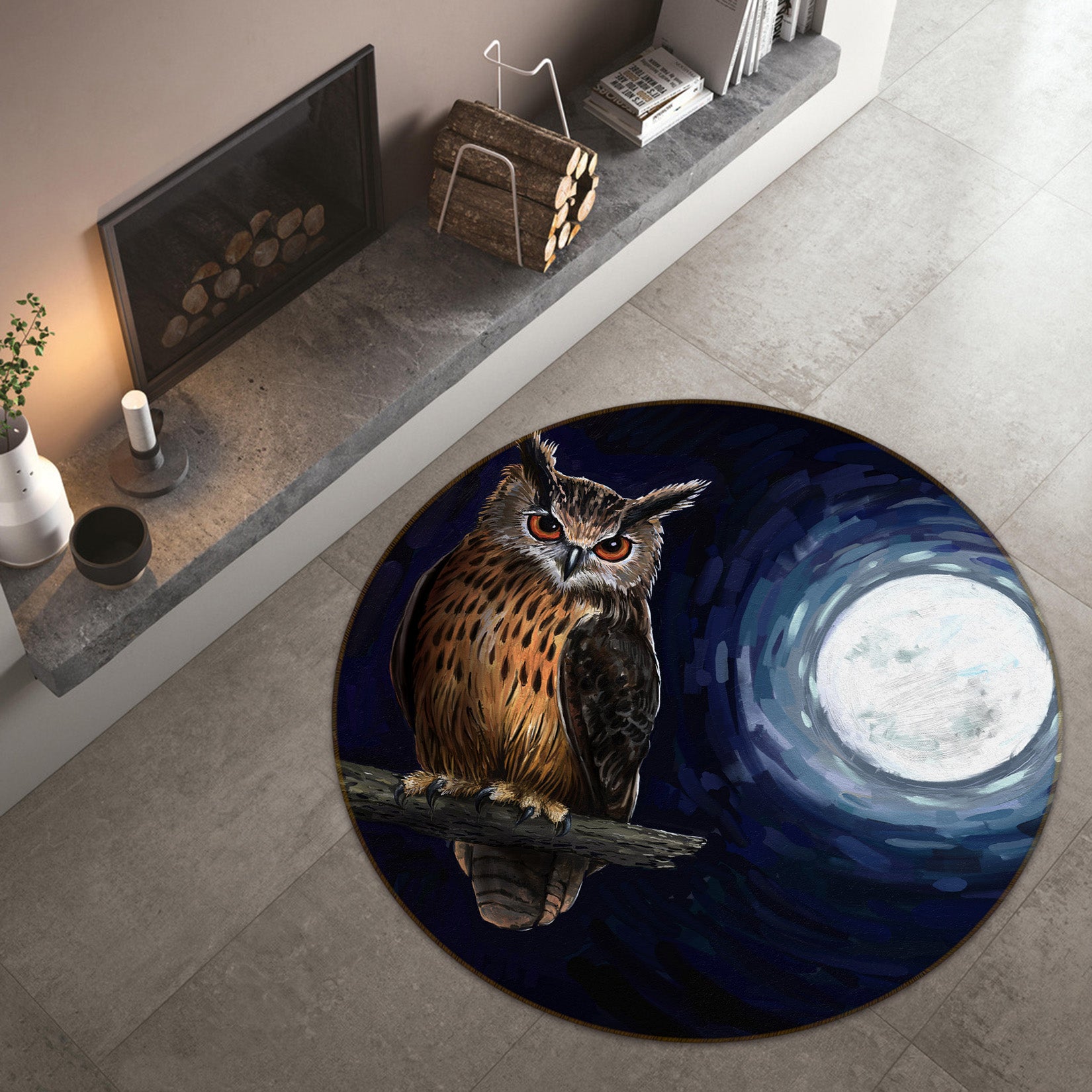 3D Owl Moon 37219 Animal Round Non Slip Rug Mat