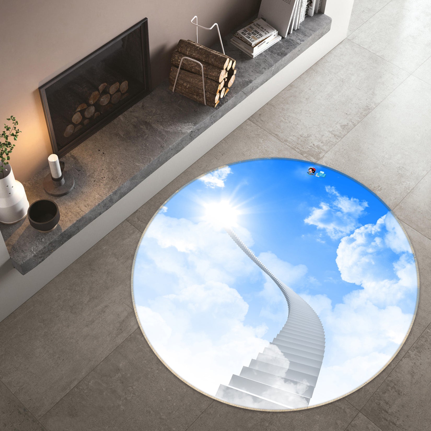 3D Stairs Blue Sky White Clouds 72278 Round Non Slip Rug Mat