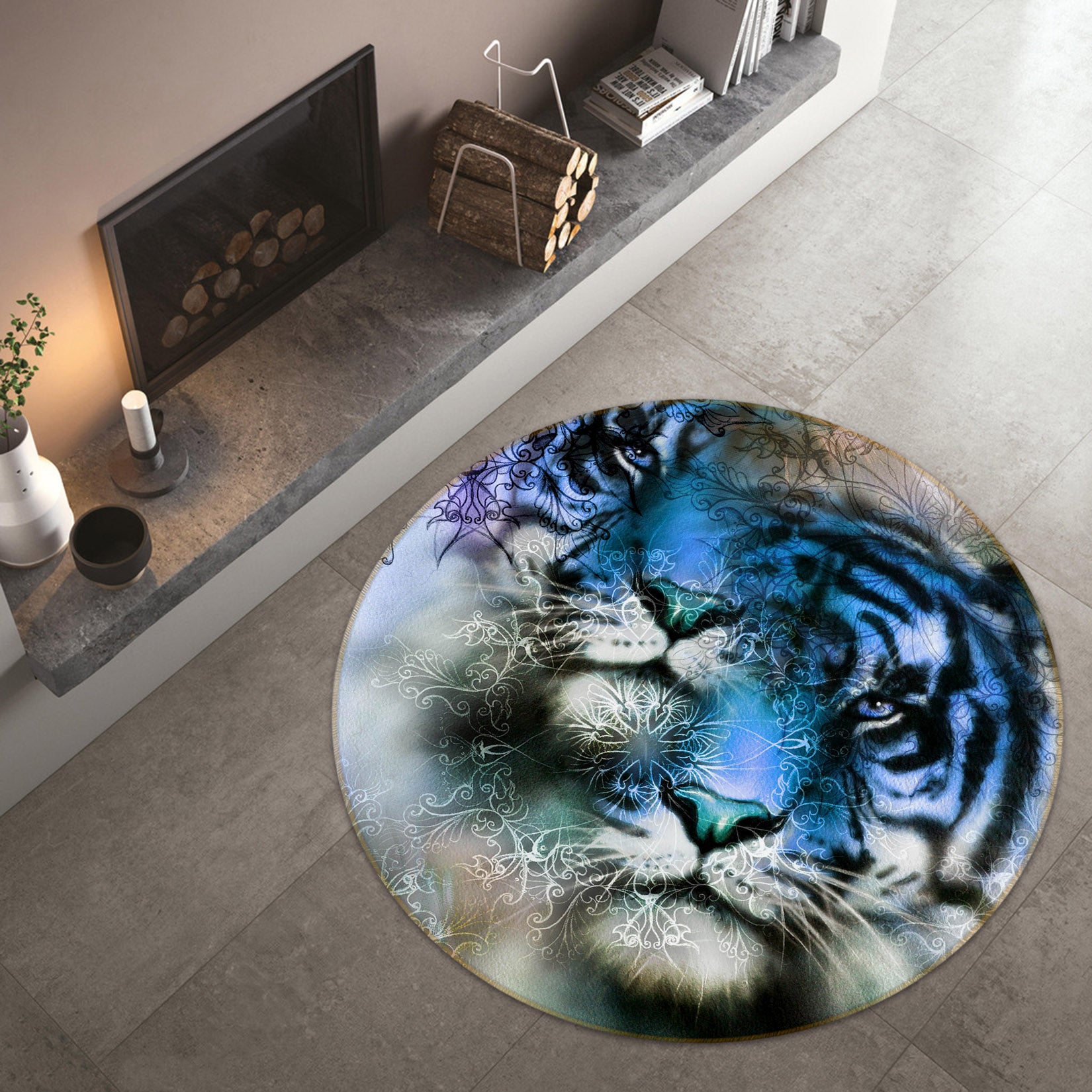 3D Blue Tiger 37224 Animal Round Non Slip Rug Mat