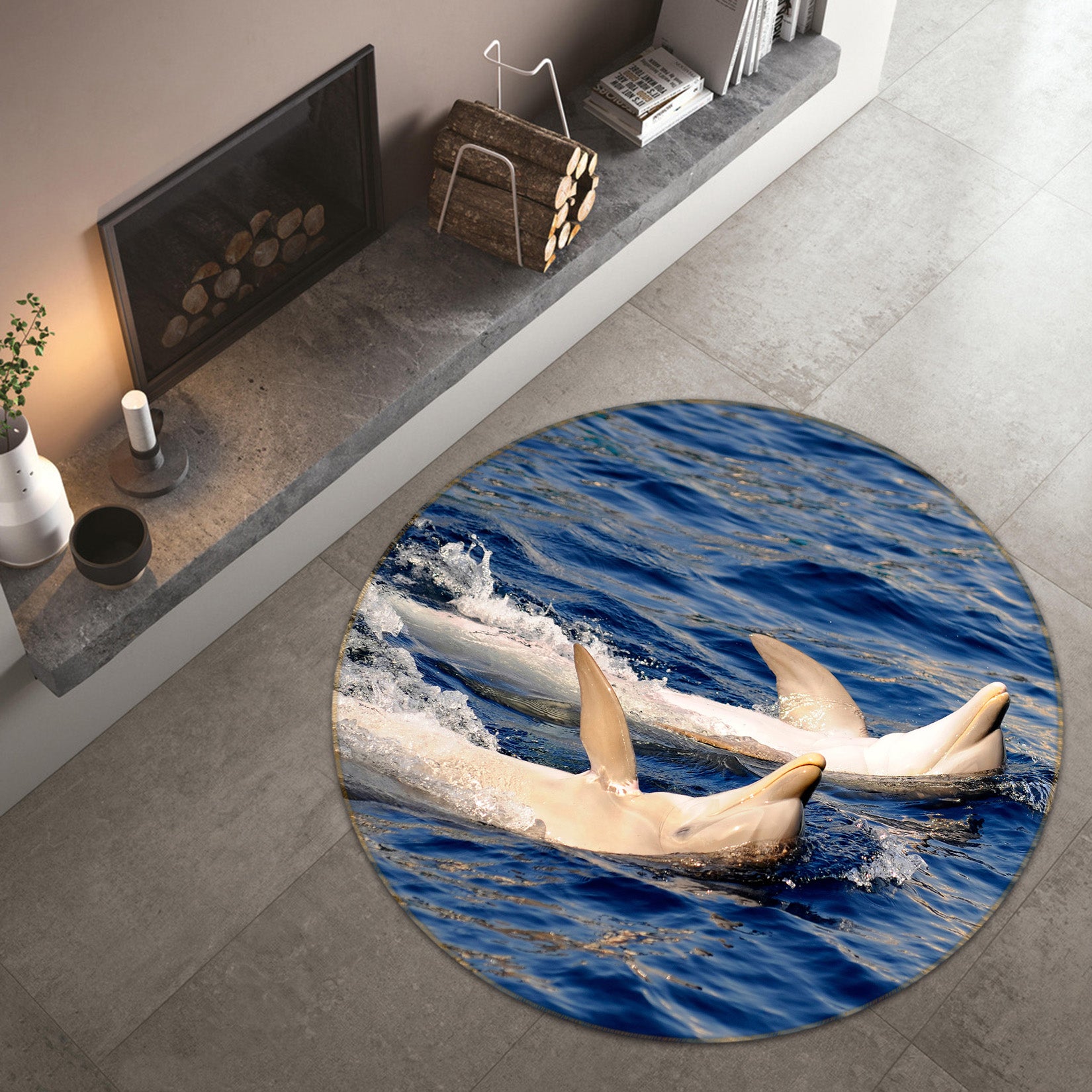 3D Two Dolphins 71200 Round Non Slip Rug Mat