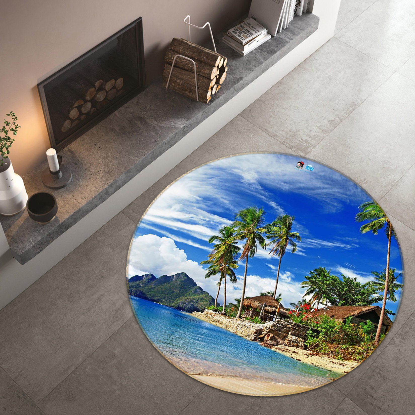 3D Grass House Coconut Tree 336 Round Non Slip Rug Mat Mat AJ Creativity Home