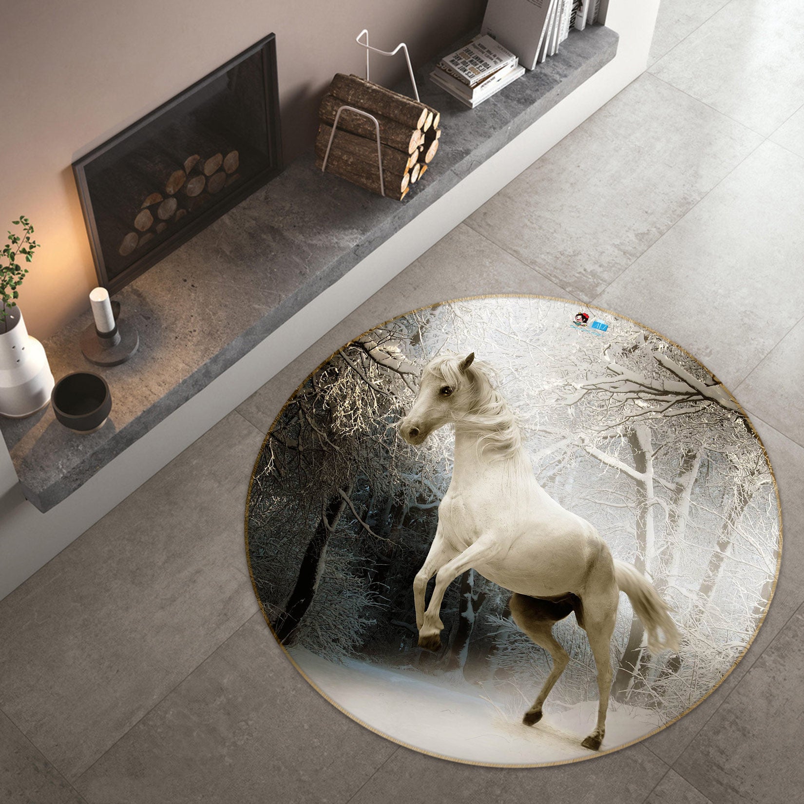 3D Snowfield White Horse 72298 Round Non Slip Rug Mat