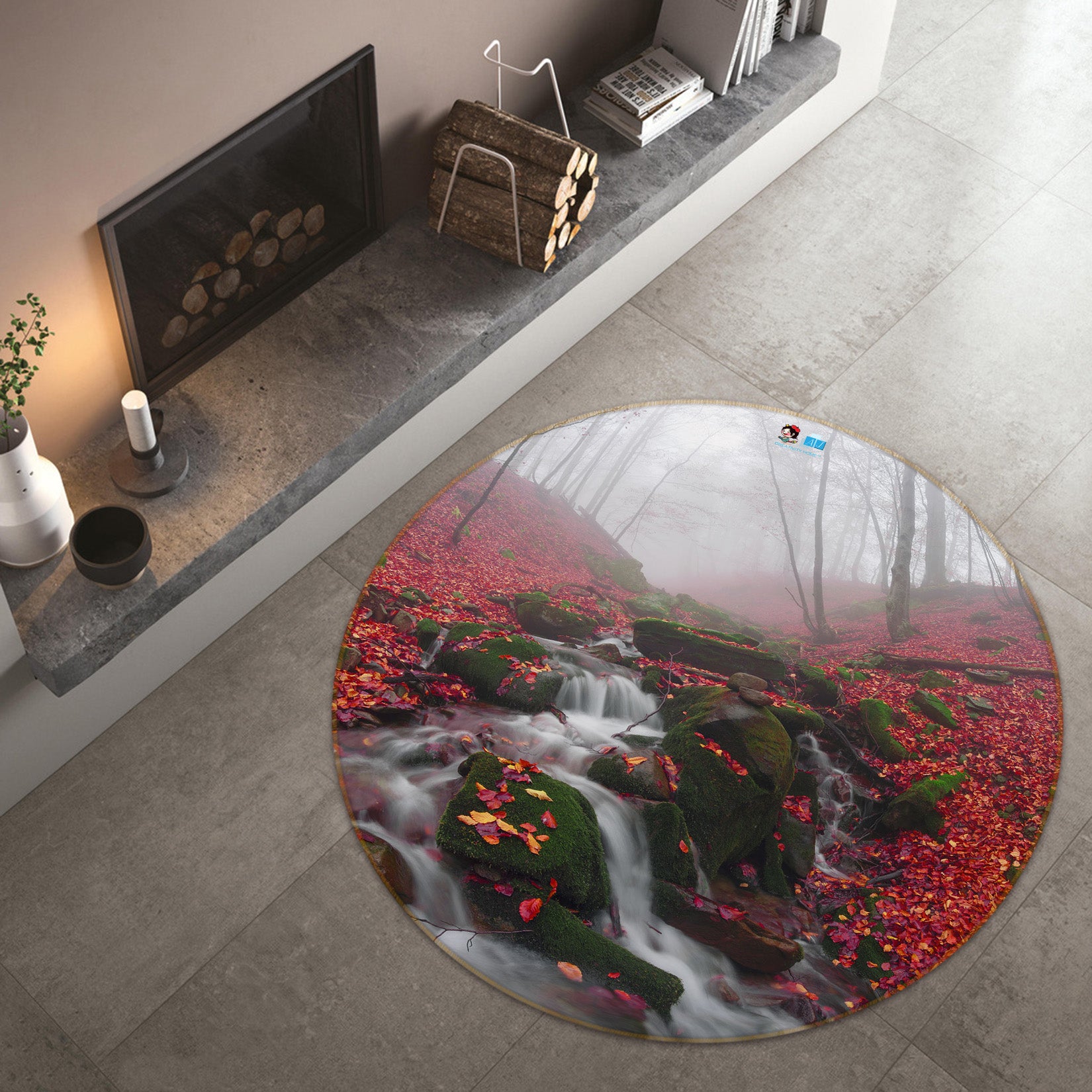 3D Maple Leaf Running Water 69064 Round Non Slip Rug Mat
