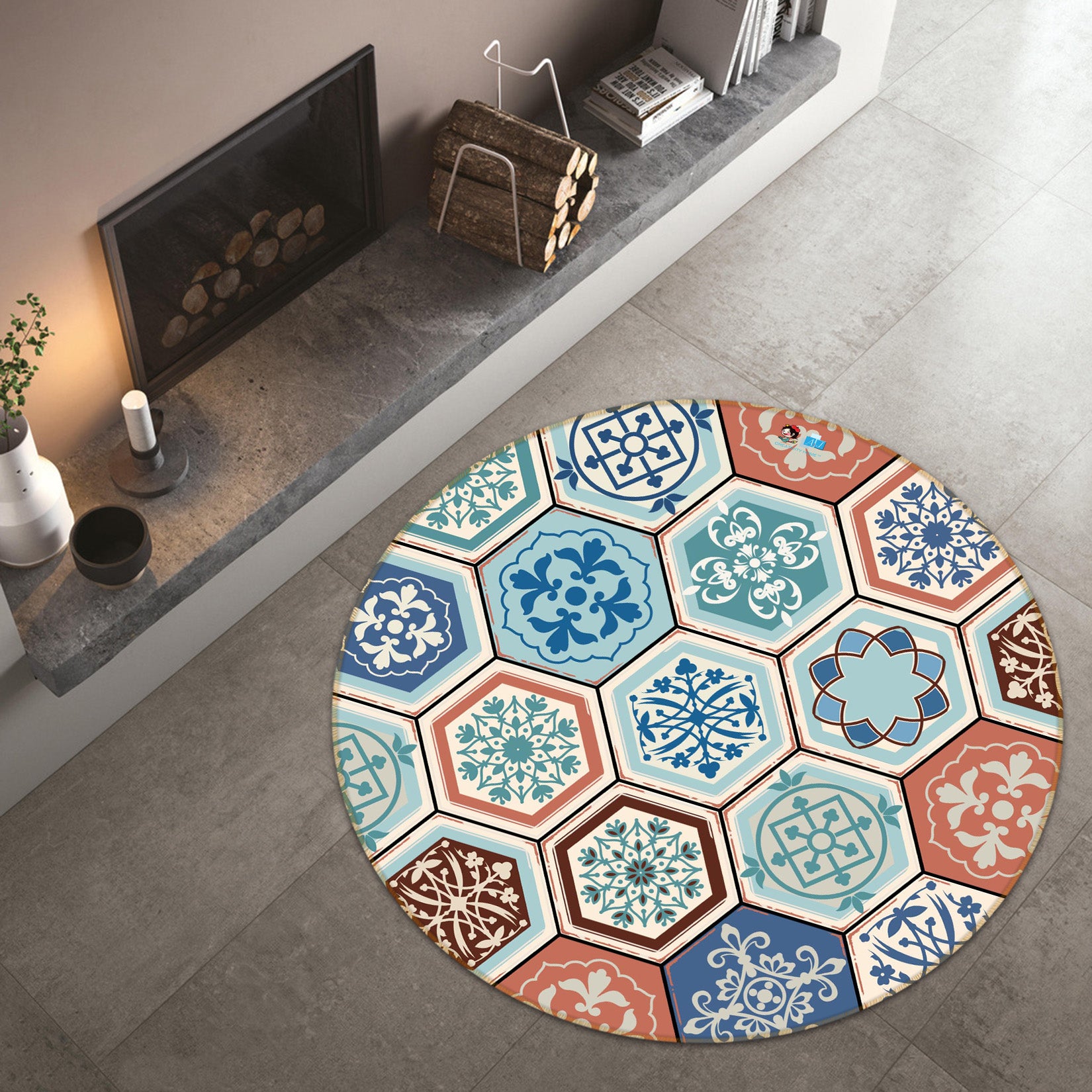 3D Patterned Hexagonal Bricks 64144 Round Non Slip Rug Mat