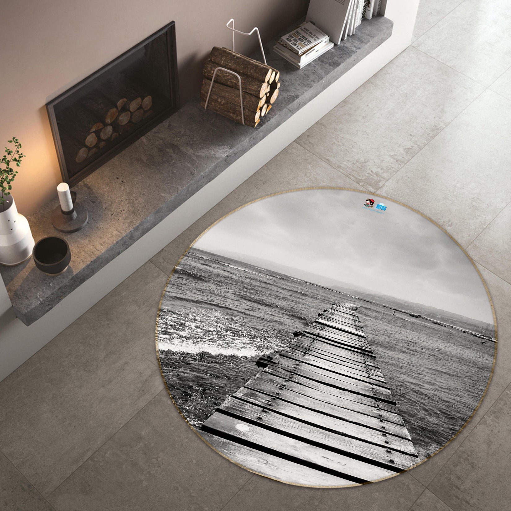 3D Black White Wooden Bridge 74034 Round Non Slip Rug Mat