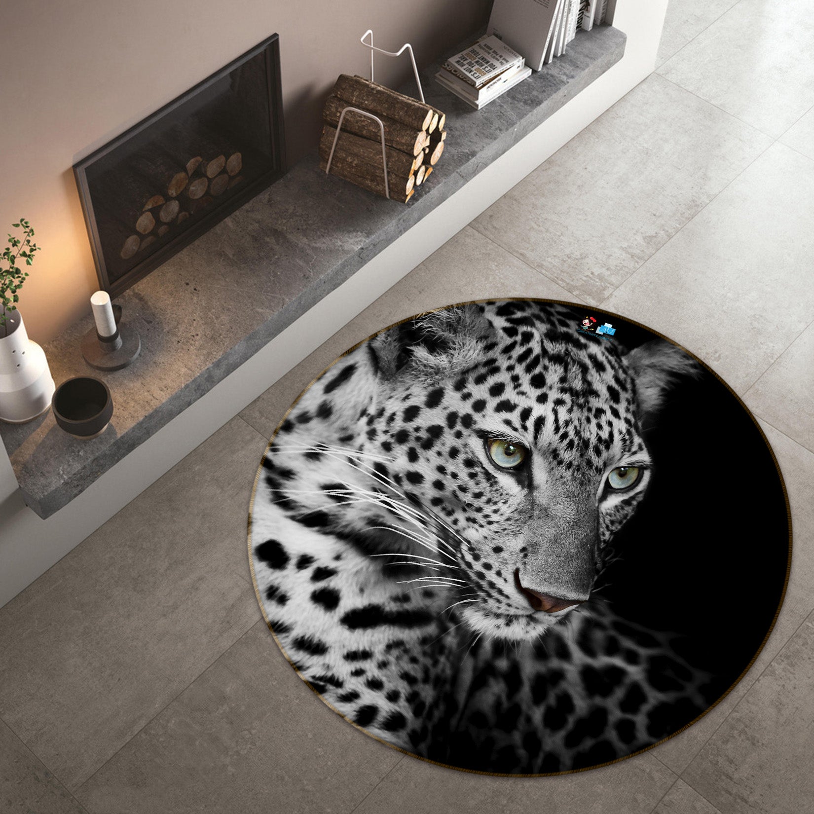 3D Black White Leopard 74010 Round Non Slip Rug Mat