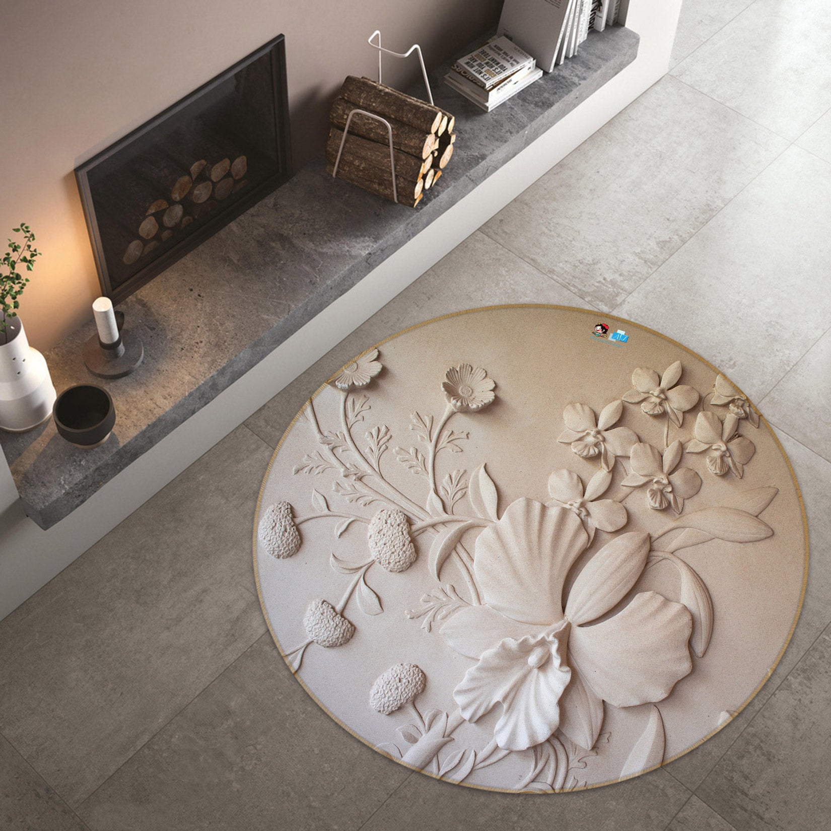 3D White Relief 72181 Round Non Slip Rug Mat