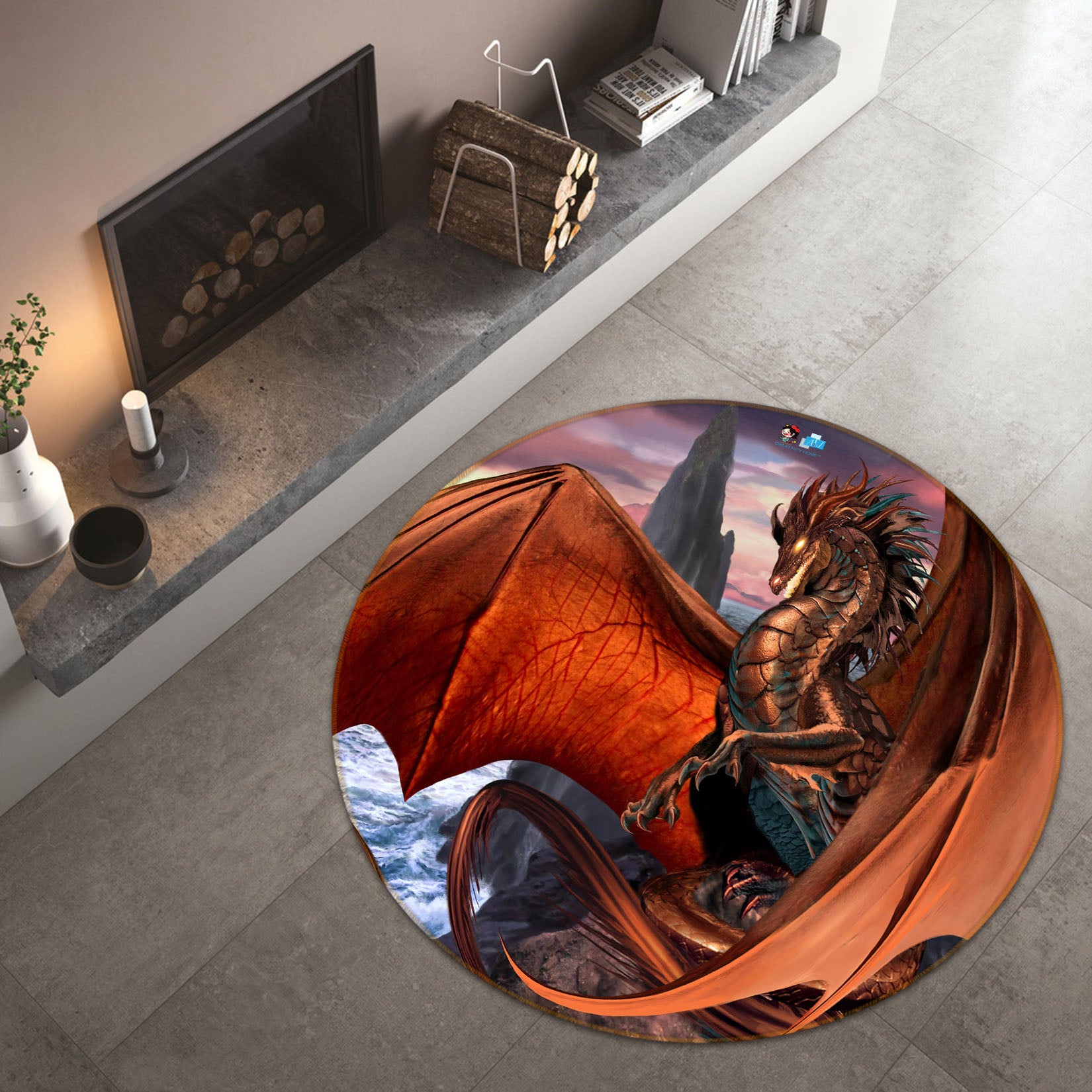 3D Orange Dragon 8360 Ruth Thompson Rug Round Non Slip Rug Mat