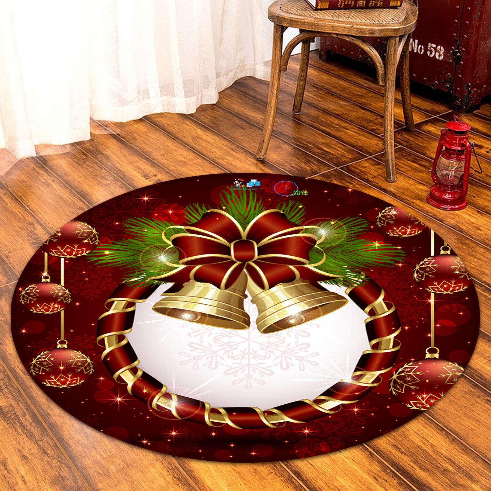 3D Bells 66025 Christmas Round Non Slip Rug Mat Xmas