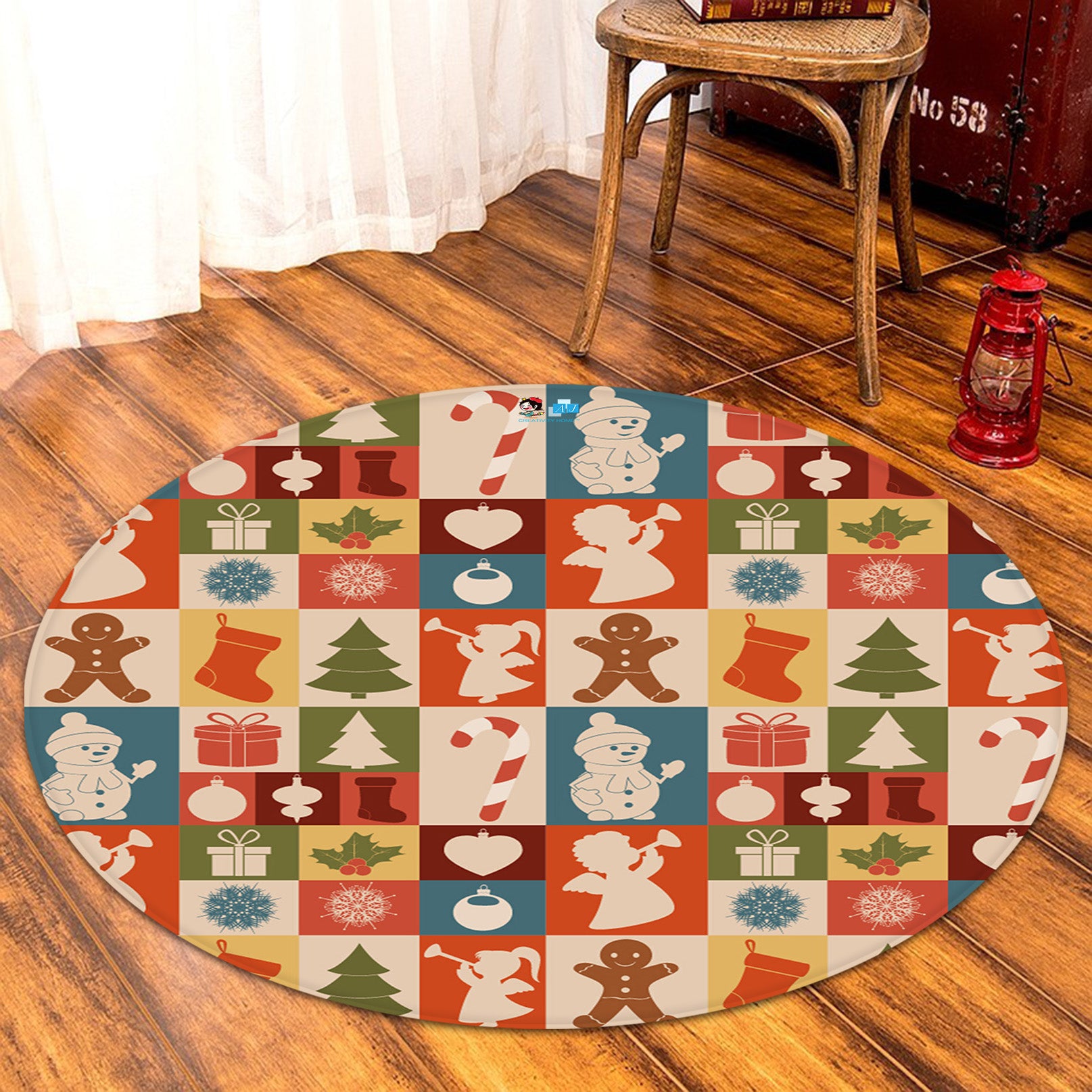 3D Tree Snowman Color Grid 66008 Christmas Round Non Slip Rug Mat Xmas