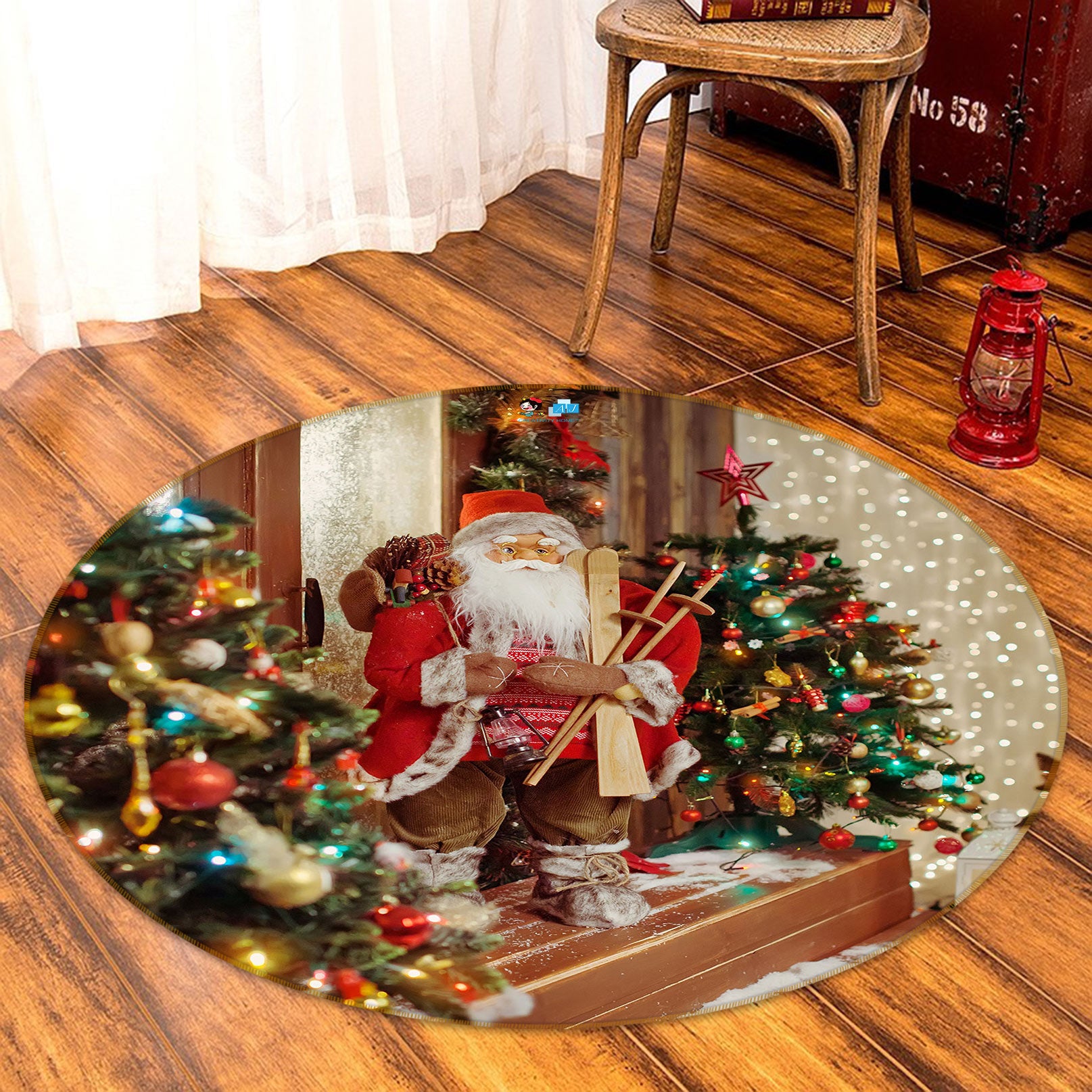 3D Tree Santa 54048 Christmas Round Non Slip Rug Mat Xmas