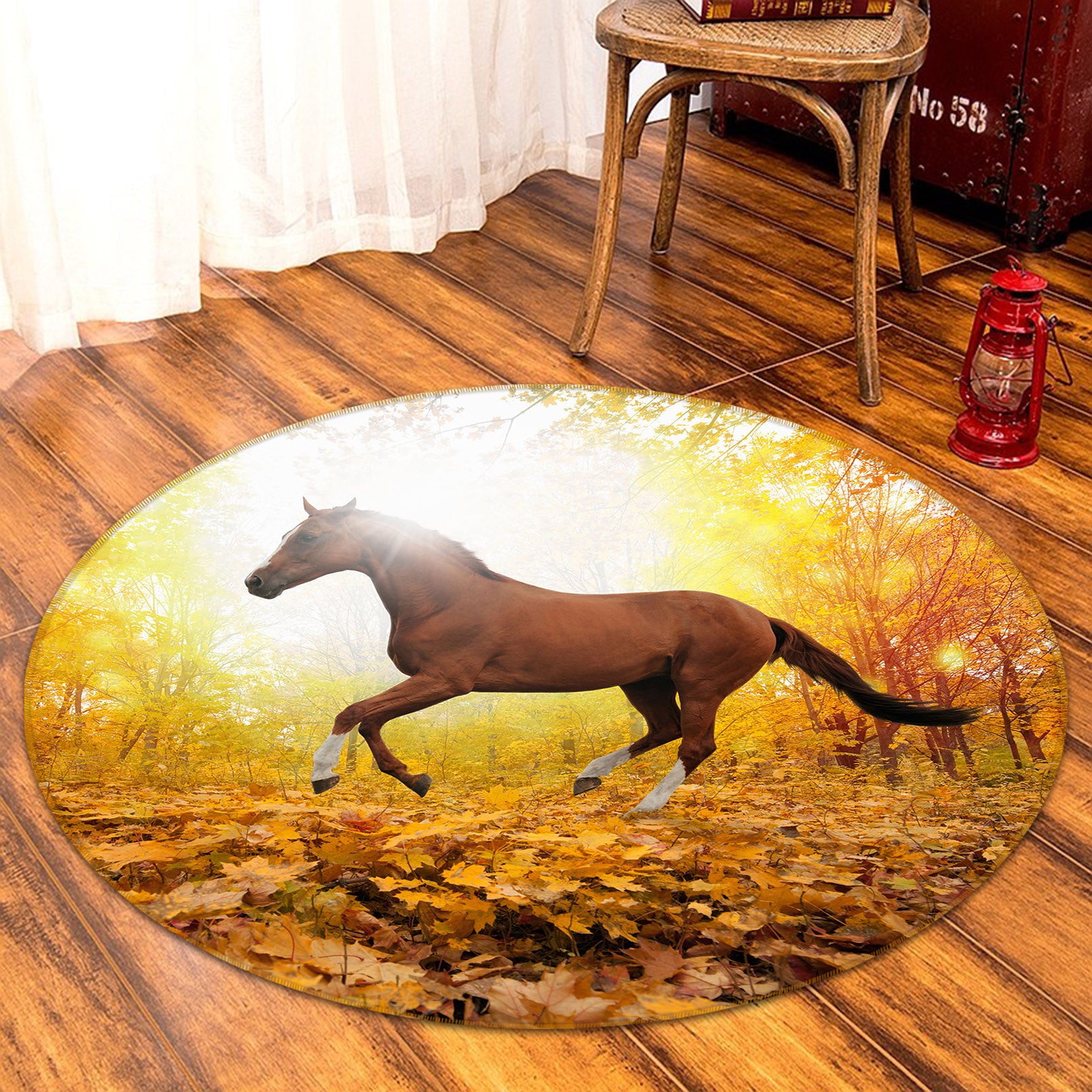 3D Horse Fallen Leaves 38048 Animal Round Non Slip Rug Mat