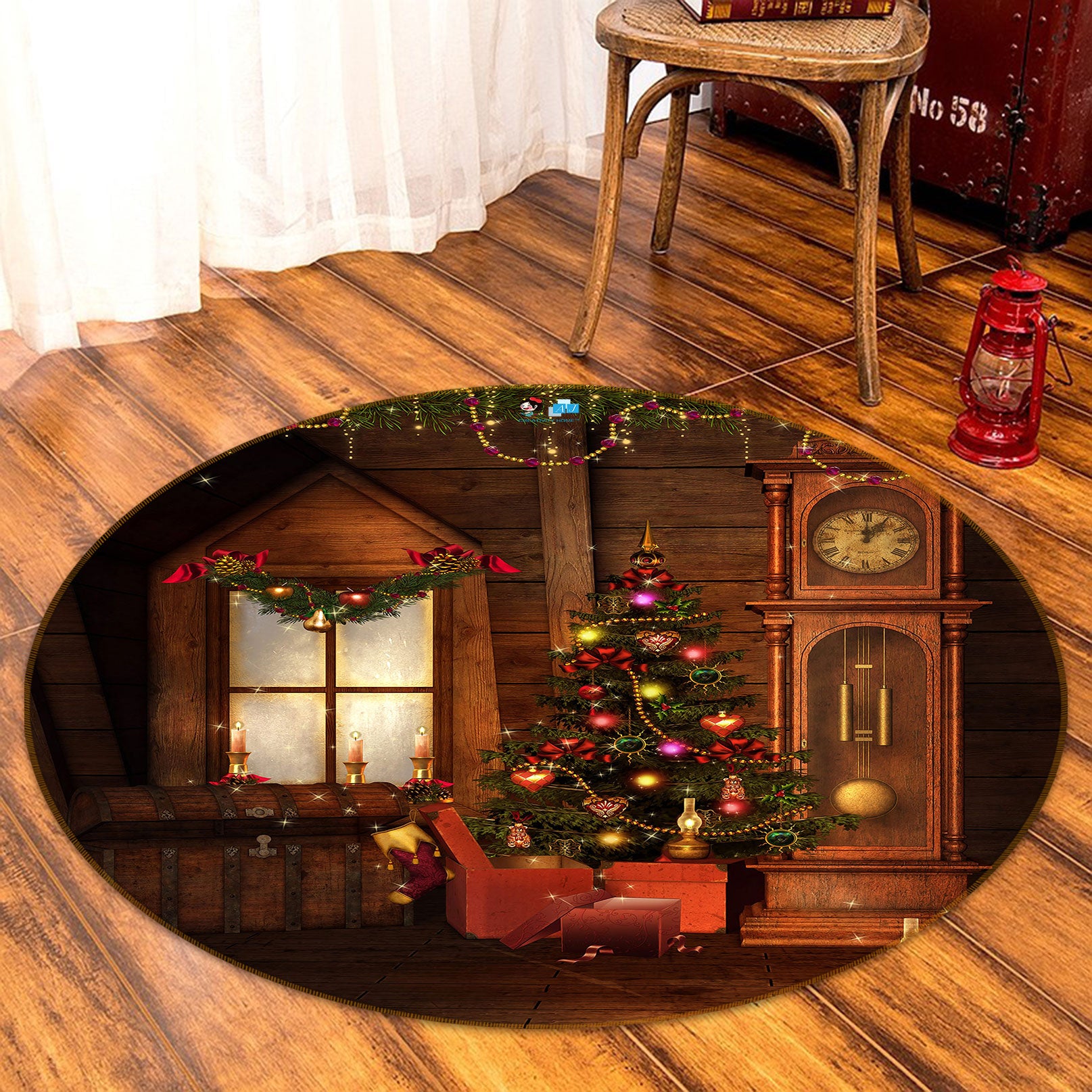 3D Tree Clock Window 54002 Christmas Round Non Slip Rug Mat Xmas