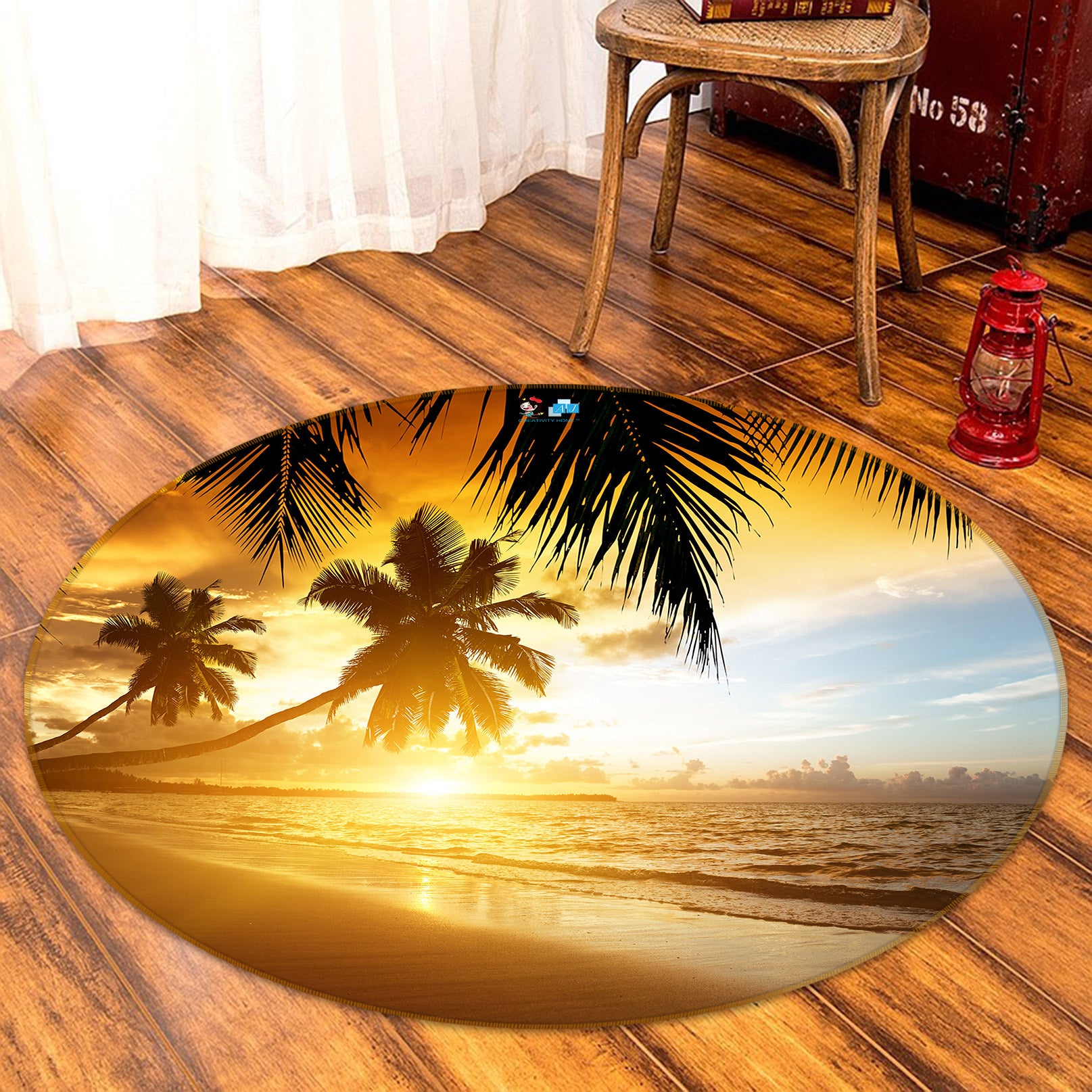 3D Seaside Coconut tree 73001 Round Non Slip Rug Mat
