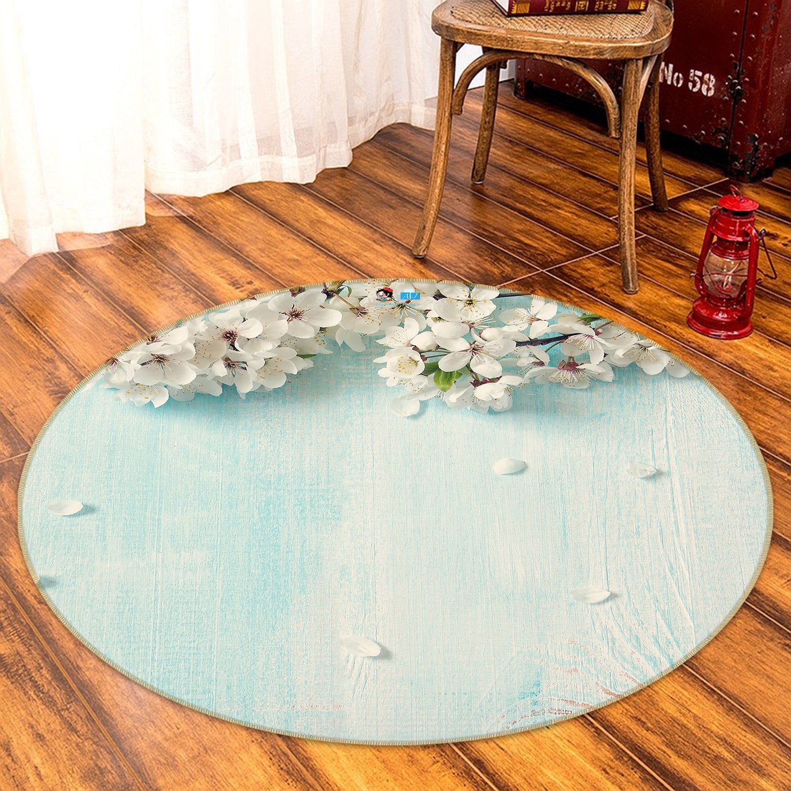 3D White Flowers 80221 Round Non Slip Rug Mat