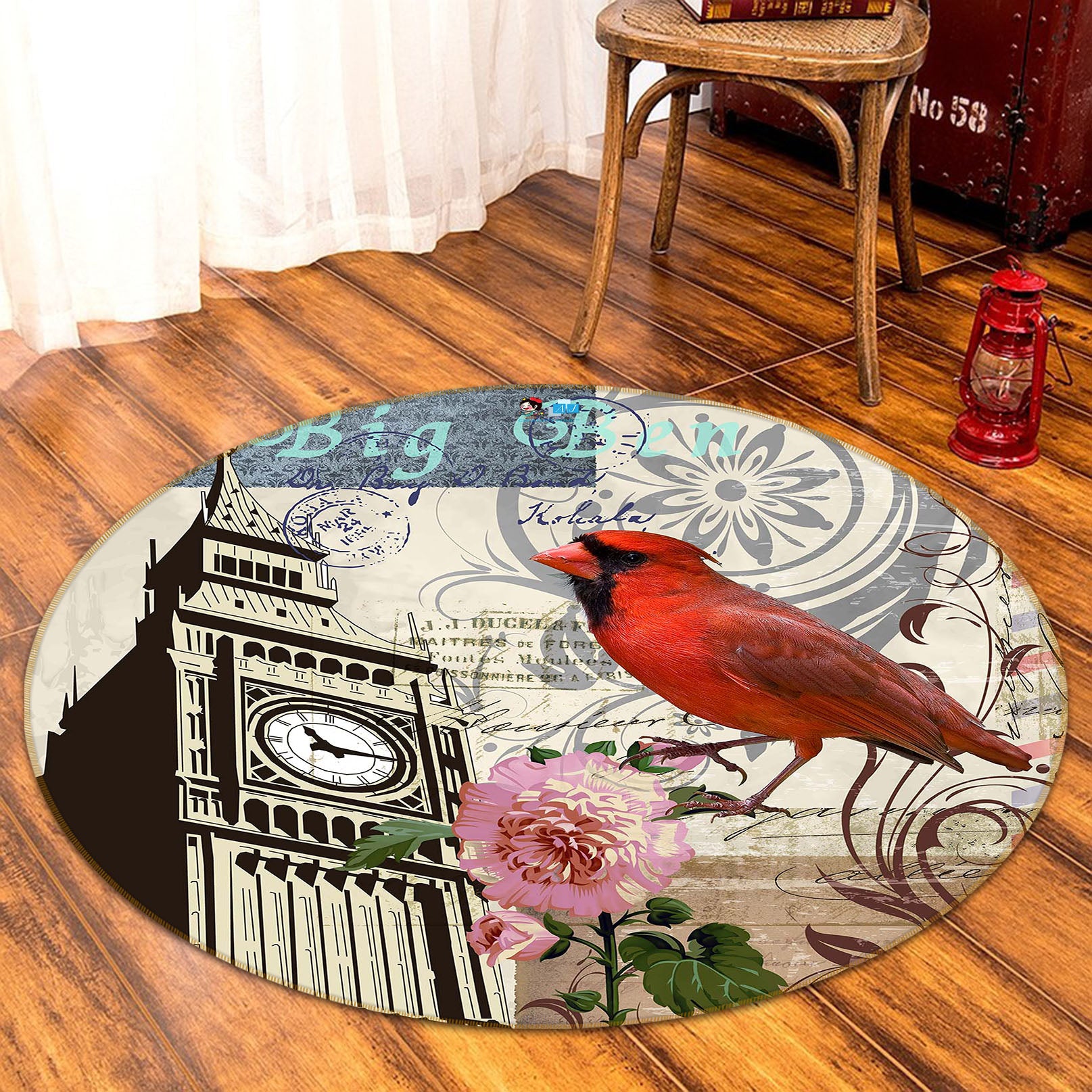 3D Clock Bird Flower 66209 Round Non Slip Rug Mat
