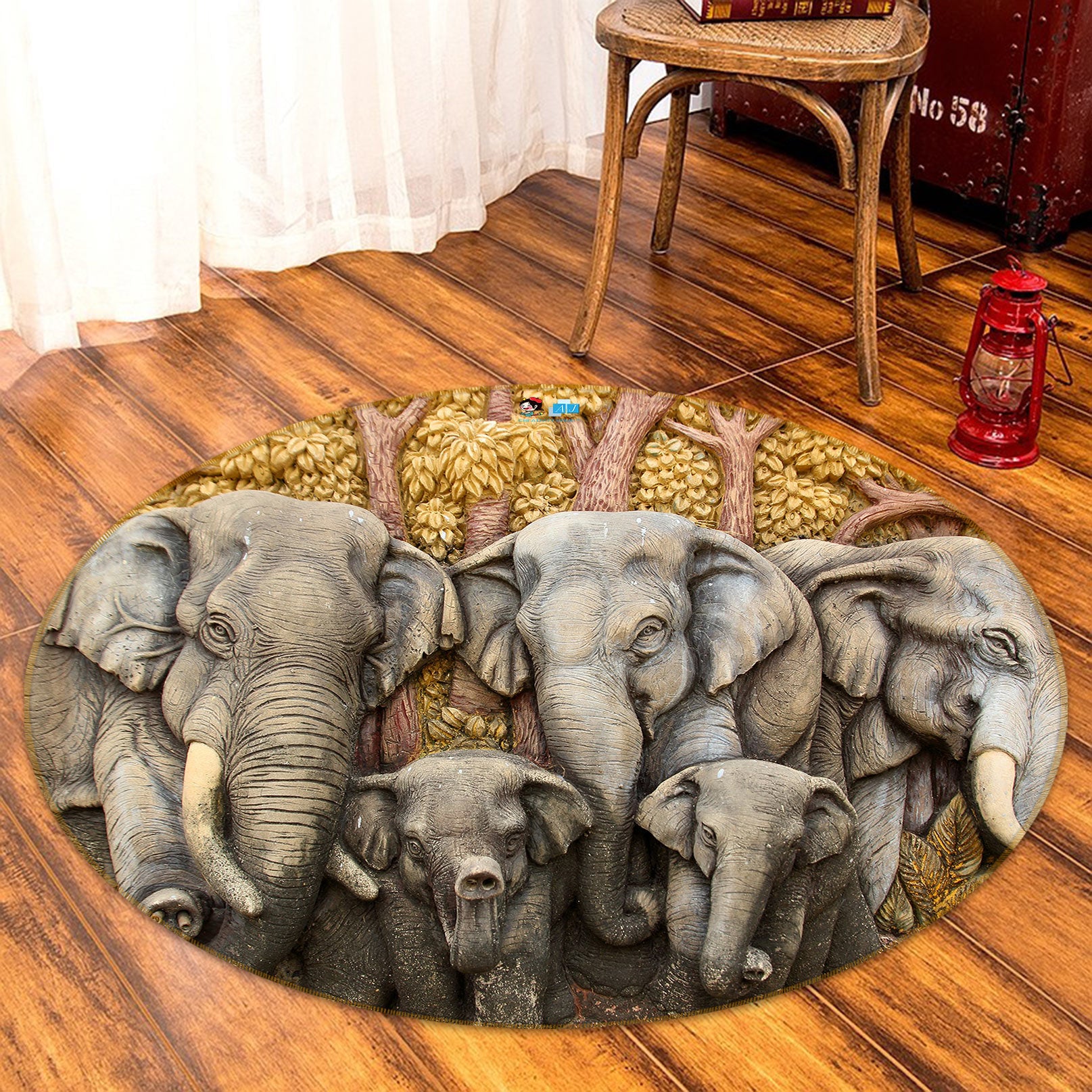 3D Elephant Statue 80252 Round Non Slip Rug Mat