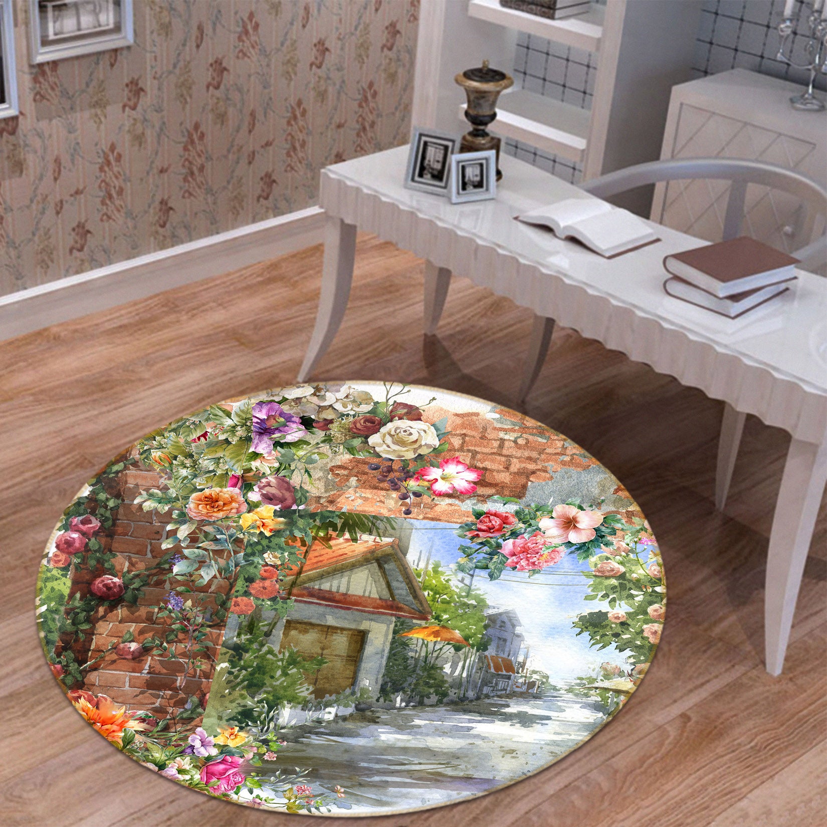 3D Flower Bush Cabin 71241 Round Non Slip Rug Mat