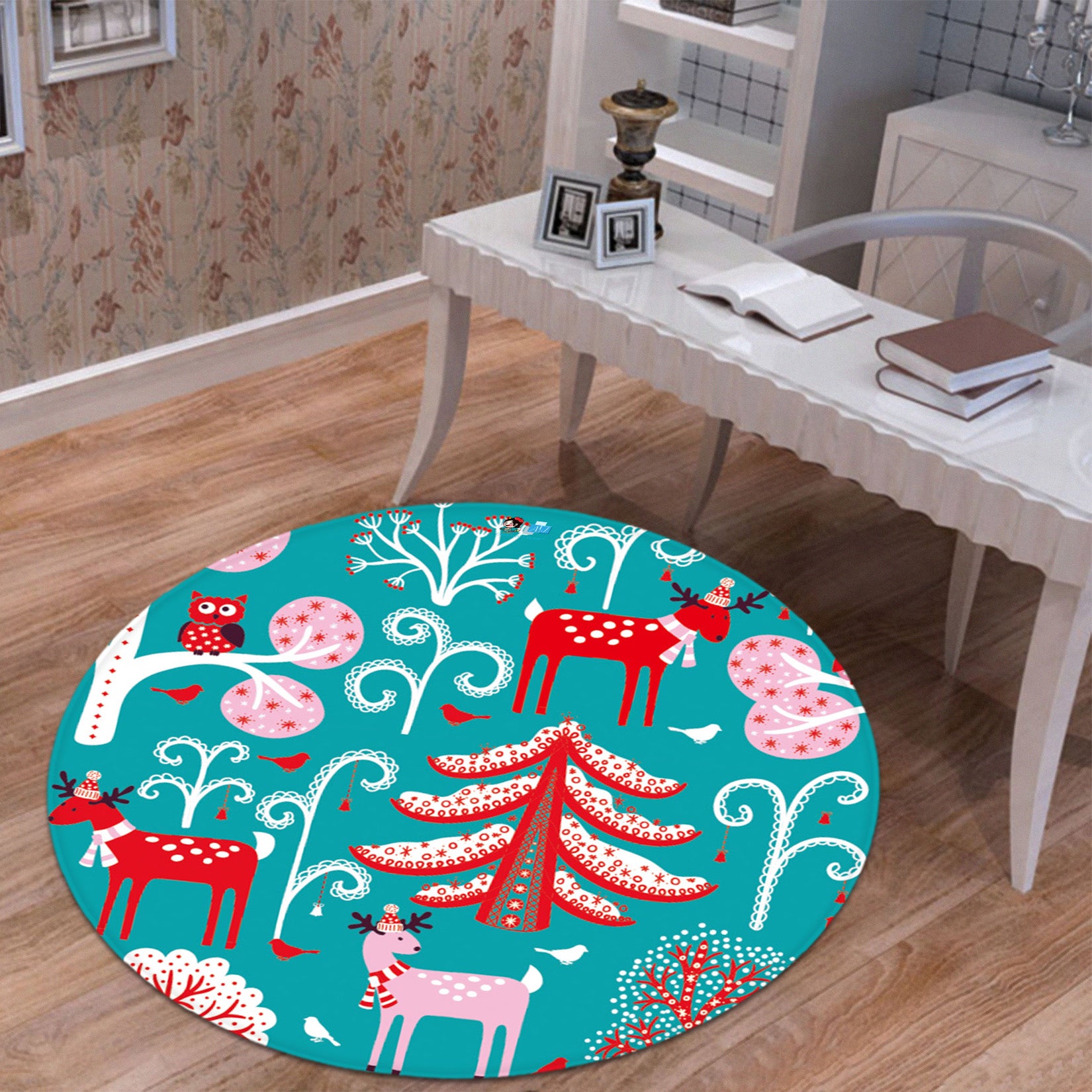 3D Tree Deer Pattern 66003 Christmas Round Non Slip Rug Mat Xmas