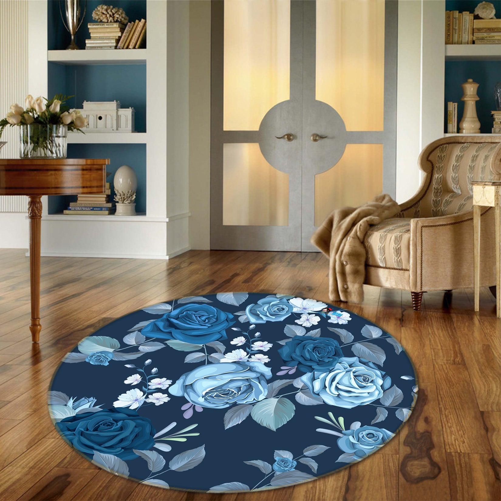 3D Dark Green Flowers 81087 Round Non Slip Rug Mat