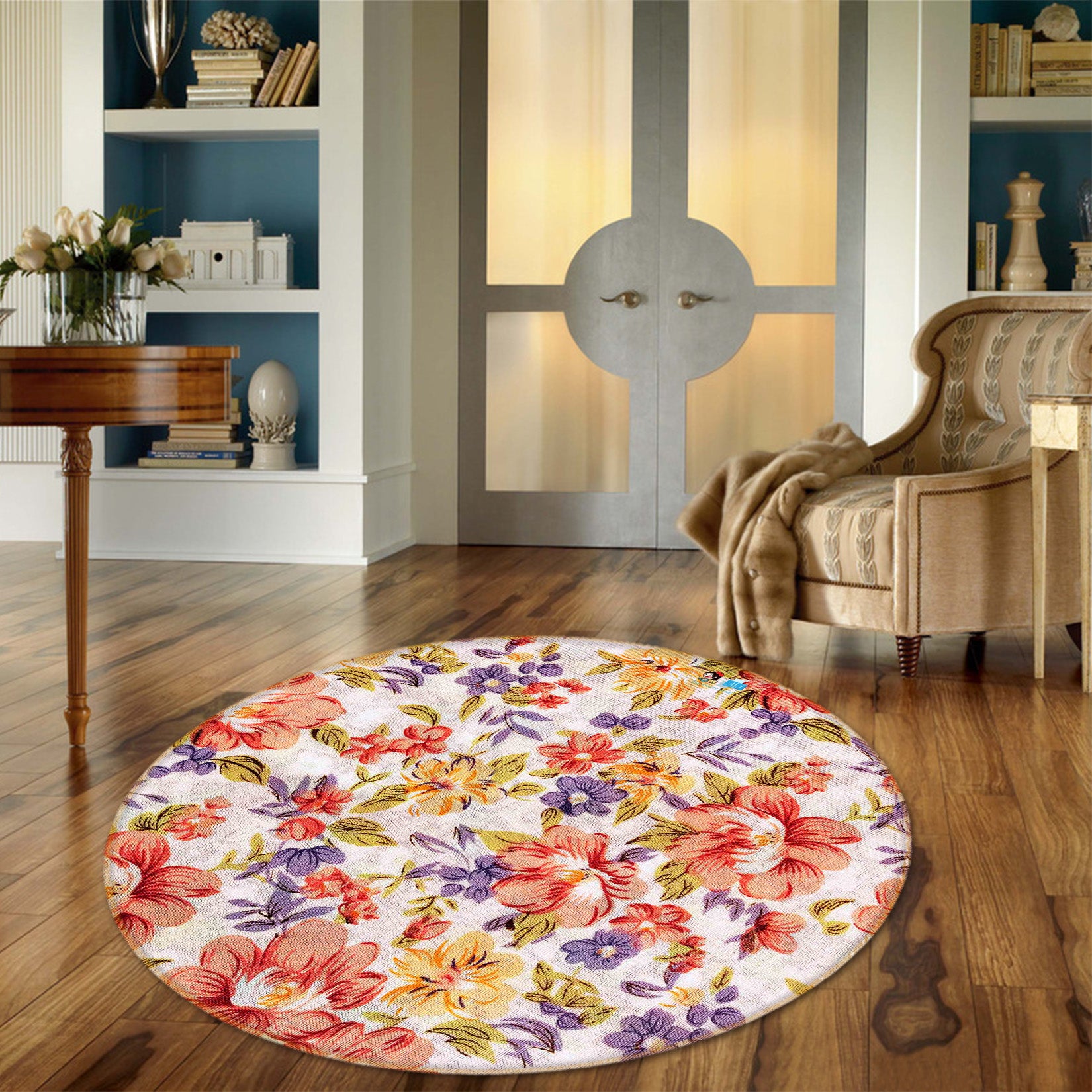 3D Flower Pattern 64104 Round Non Slip Rug Mat