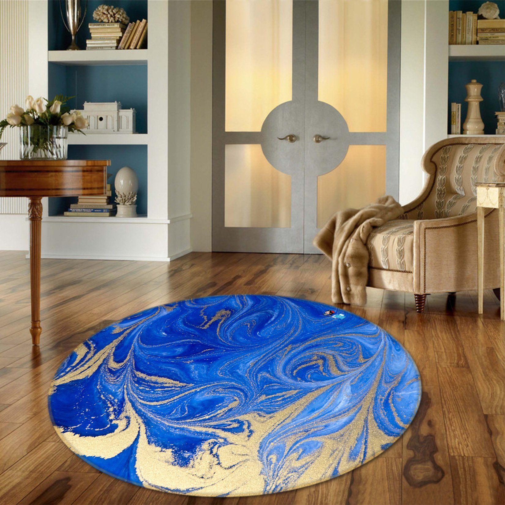 3D Sapphire Blue Pattern 925 Round Non Slip Rug Mat Mat AJ Creativity Home