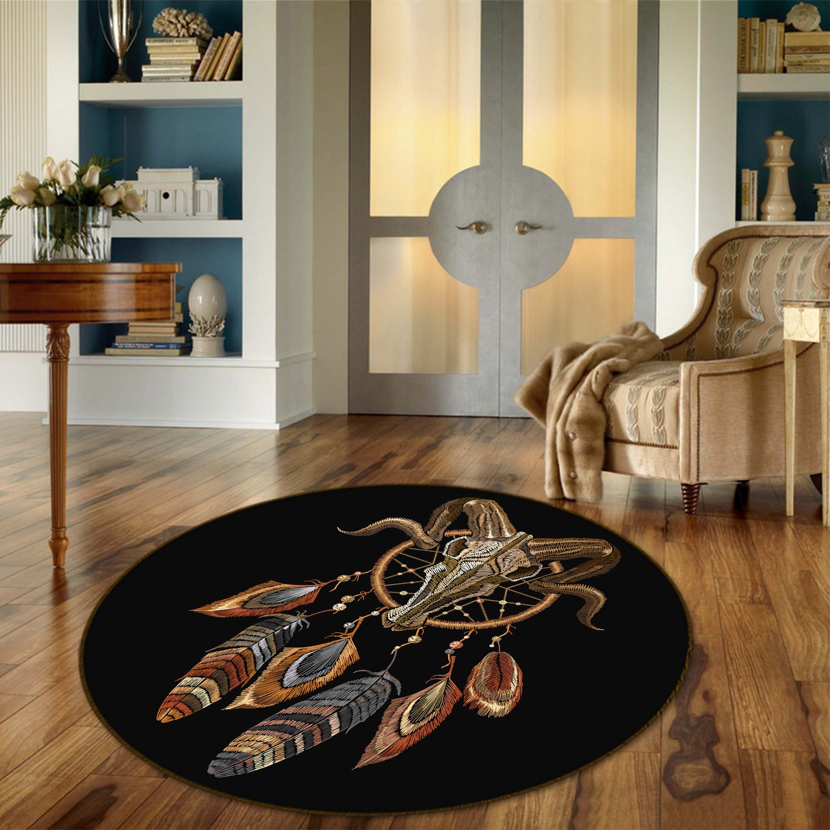 3D Sheep Head Dream Catcher 29088 Round Non Slip Rug Mat