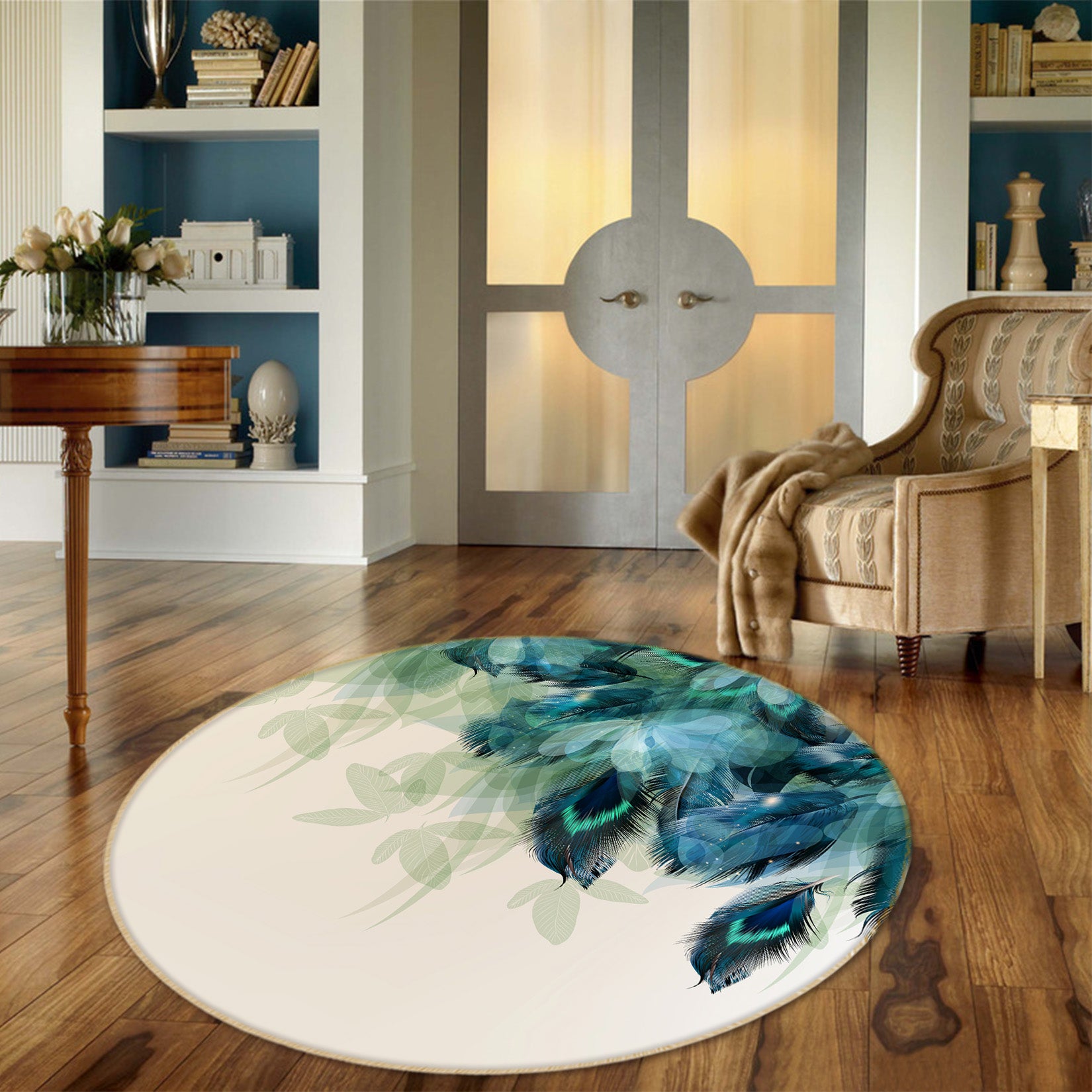 3D Feather Leaves 29032 Round Non Slip Rug Mat