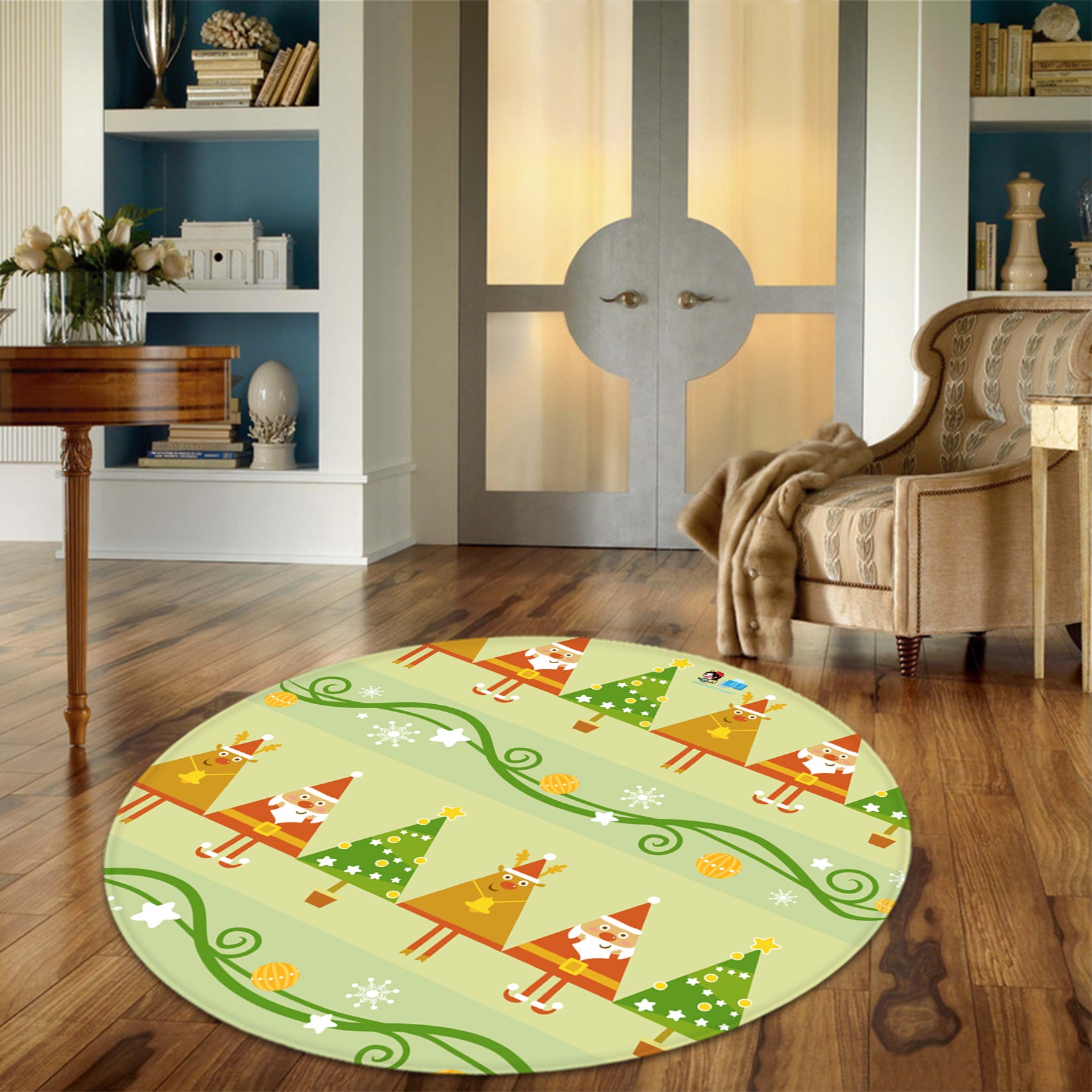 3D Yellow Green Tree 66038 Christmas Round Non Slip Rug Mat Xmas
