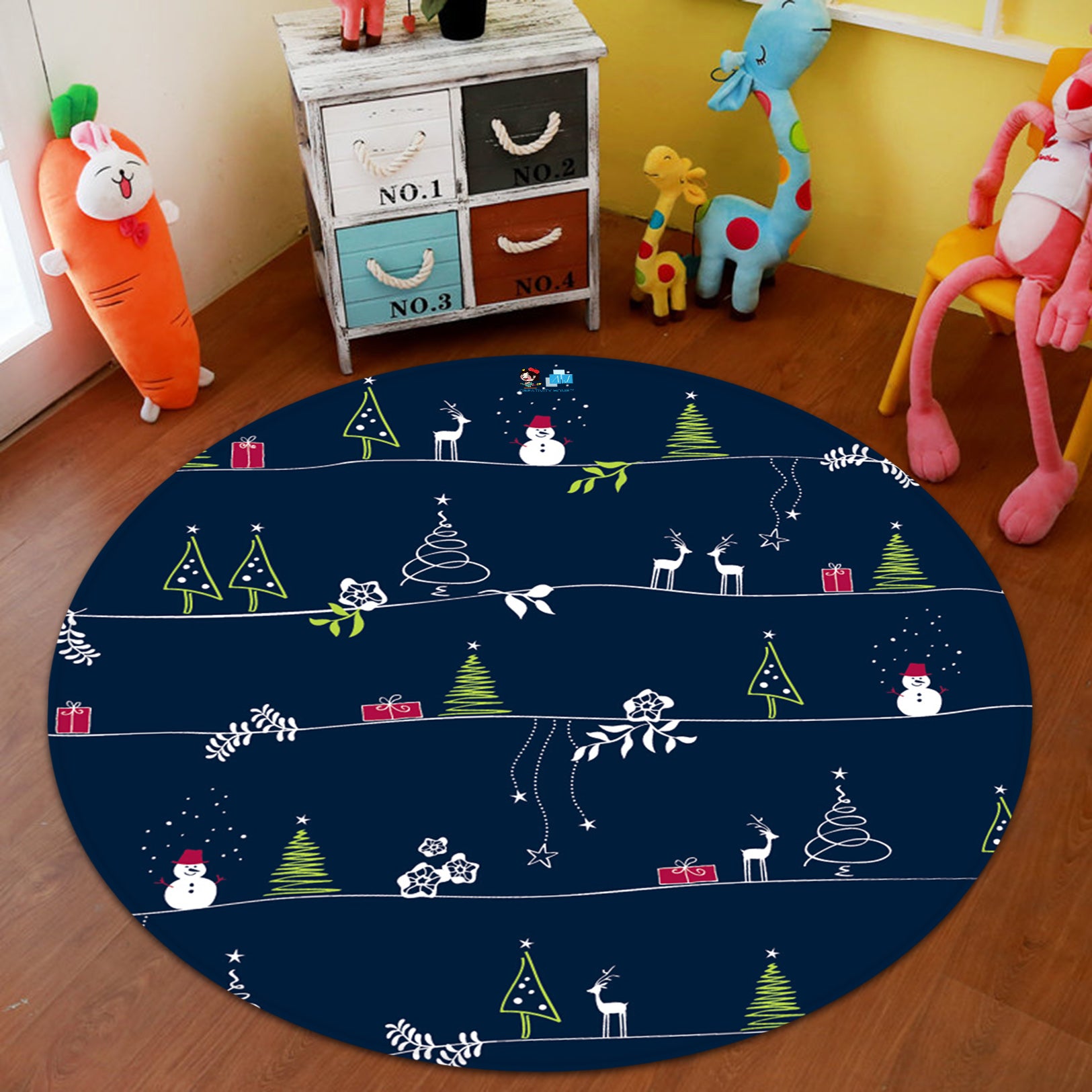 3D Tree Pattern 66009 Christmas Round Non Slip Rug Mat Xmas