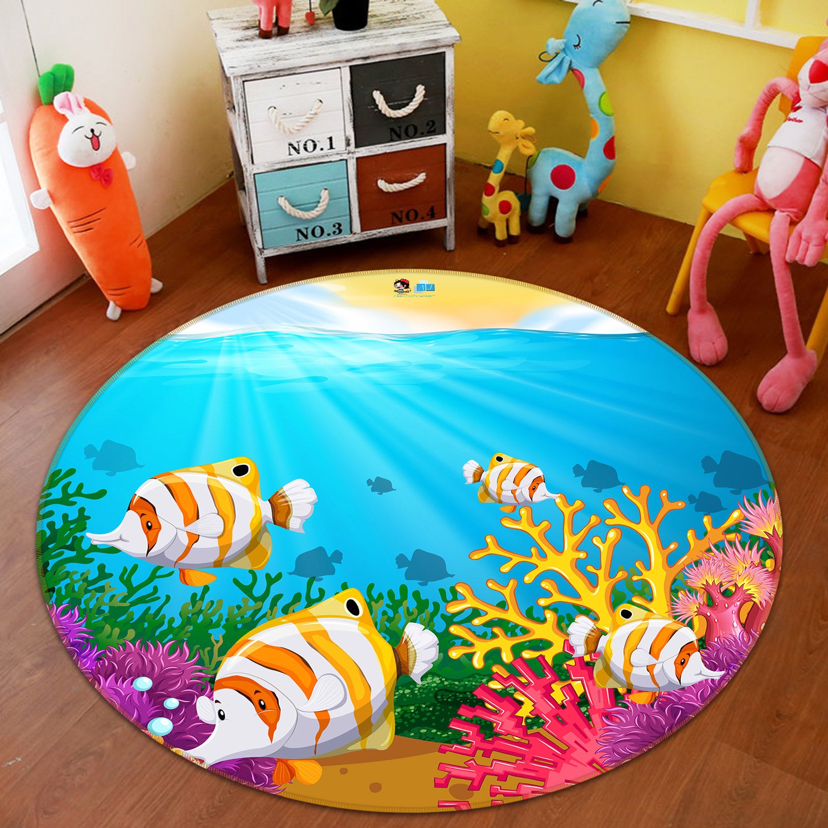 3D Cartoon Submarine Fish 81028 Round Non Slip Rug Mat