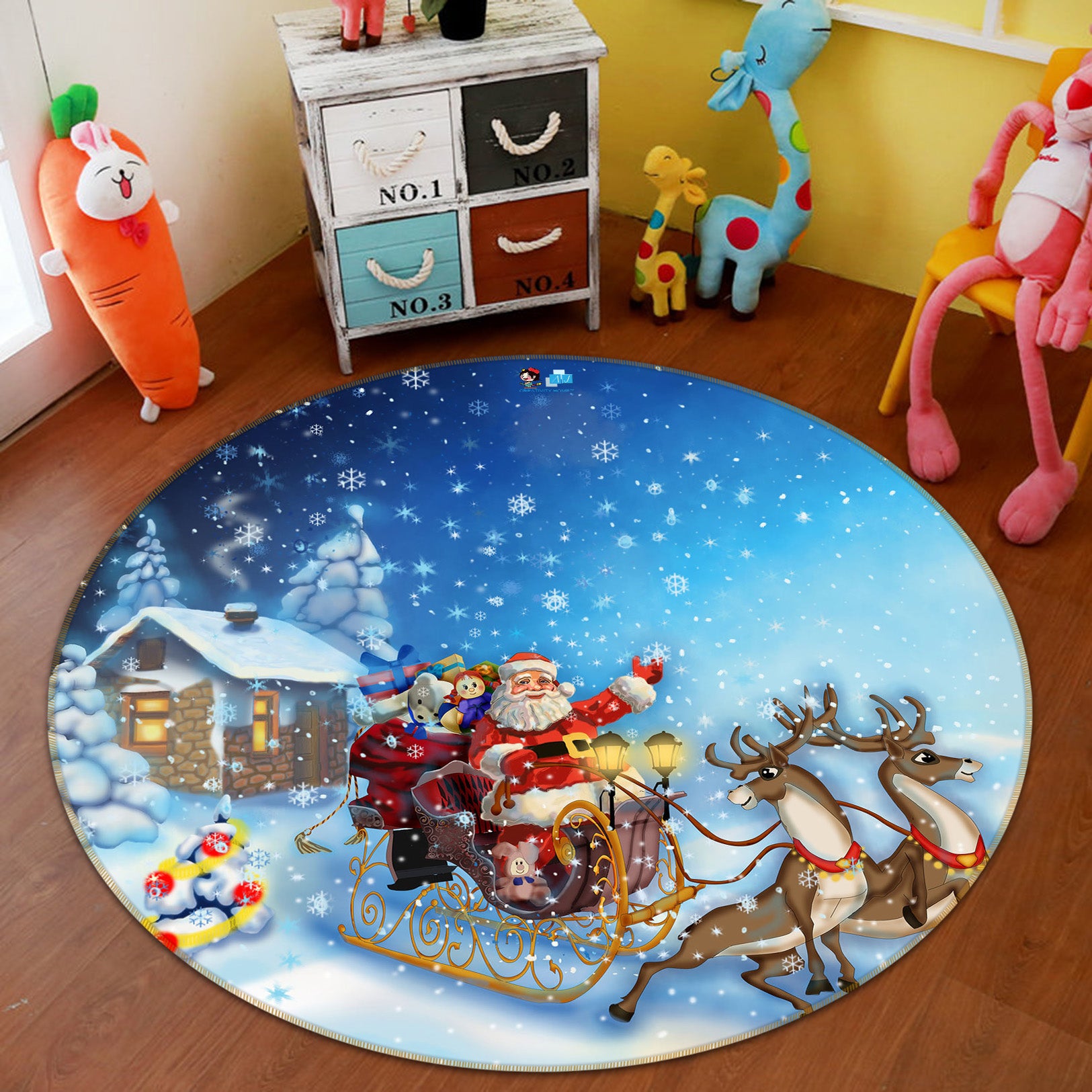 3D Snow House Santa Sleigh 66195 Round Non Slip Rug Mat