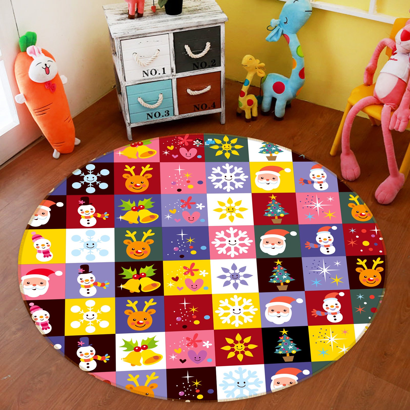 3D Colored Square Snowflake Bell 54001 Christmas Round Non Slip Rug Mat Xmas