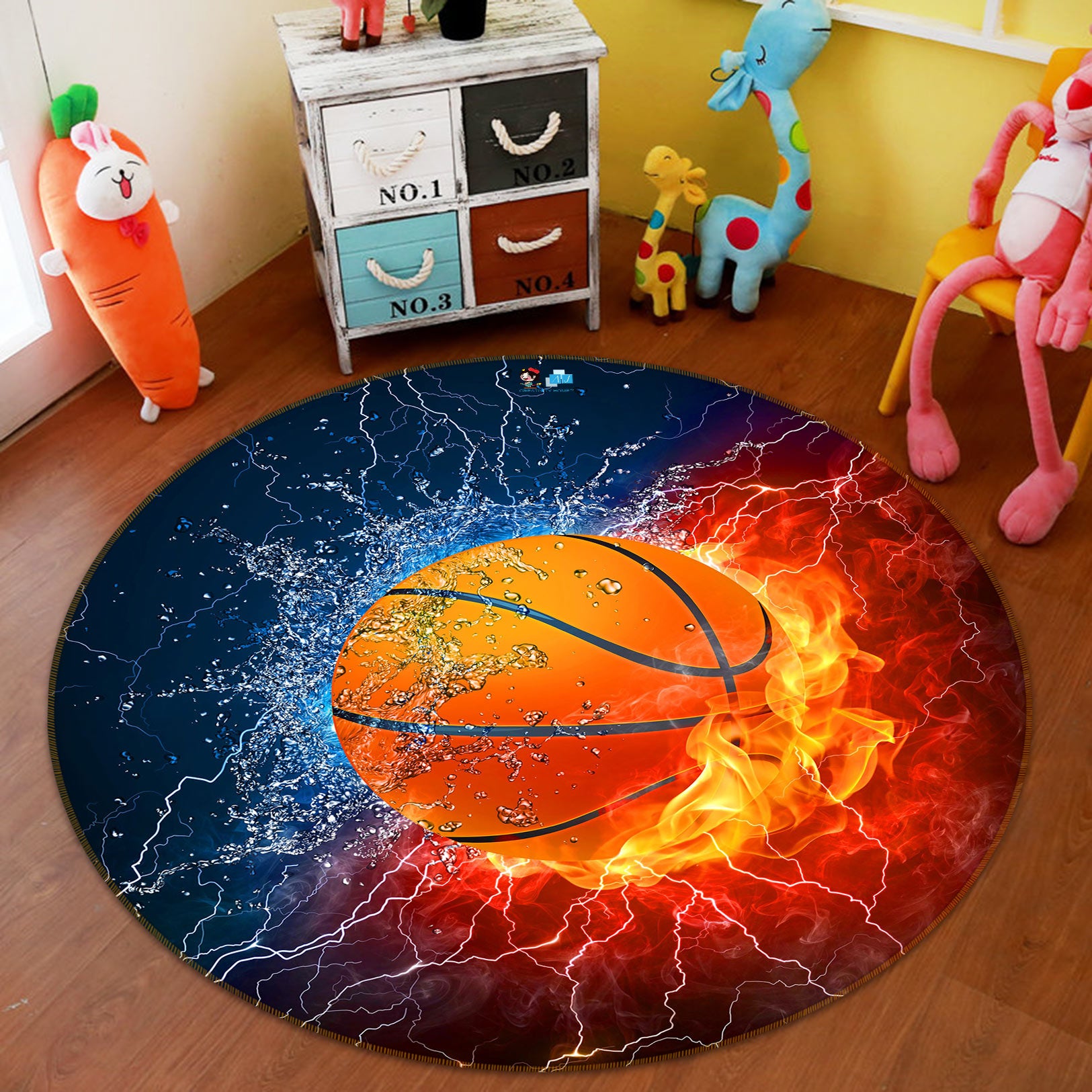 3D Ice Fire Basketball 72244 Round Non Slip Rug Mat