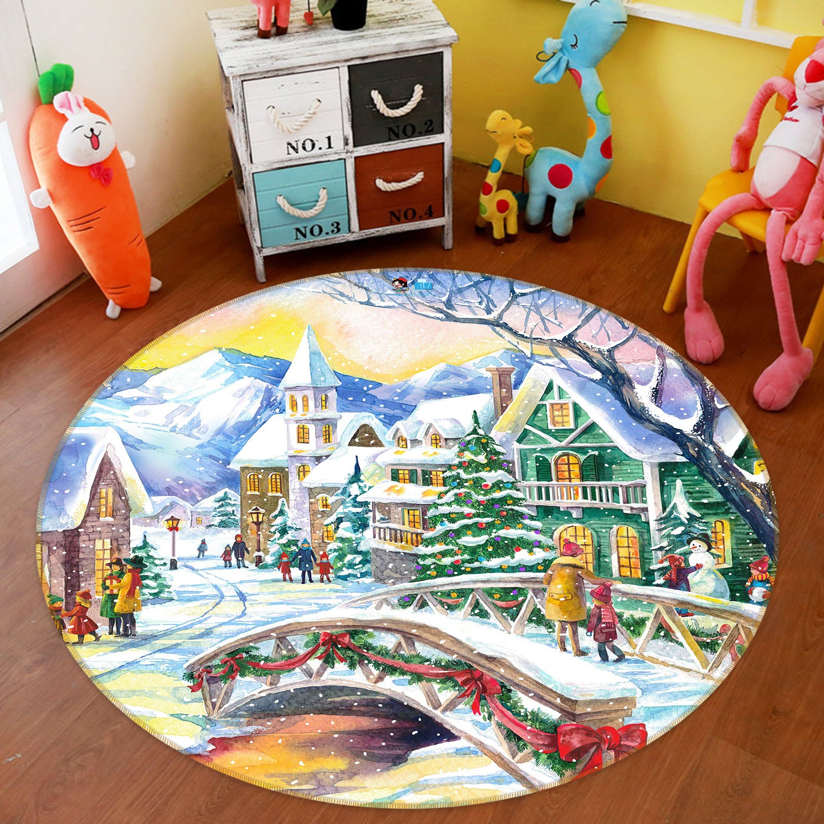 3D Snow House Bridge 54081 Christmas Round Non Slip Rug Mat Xmas
