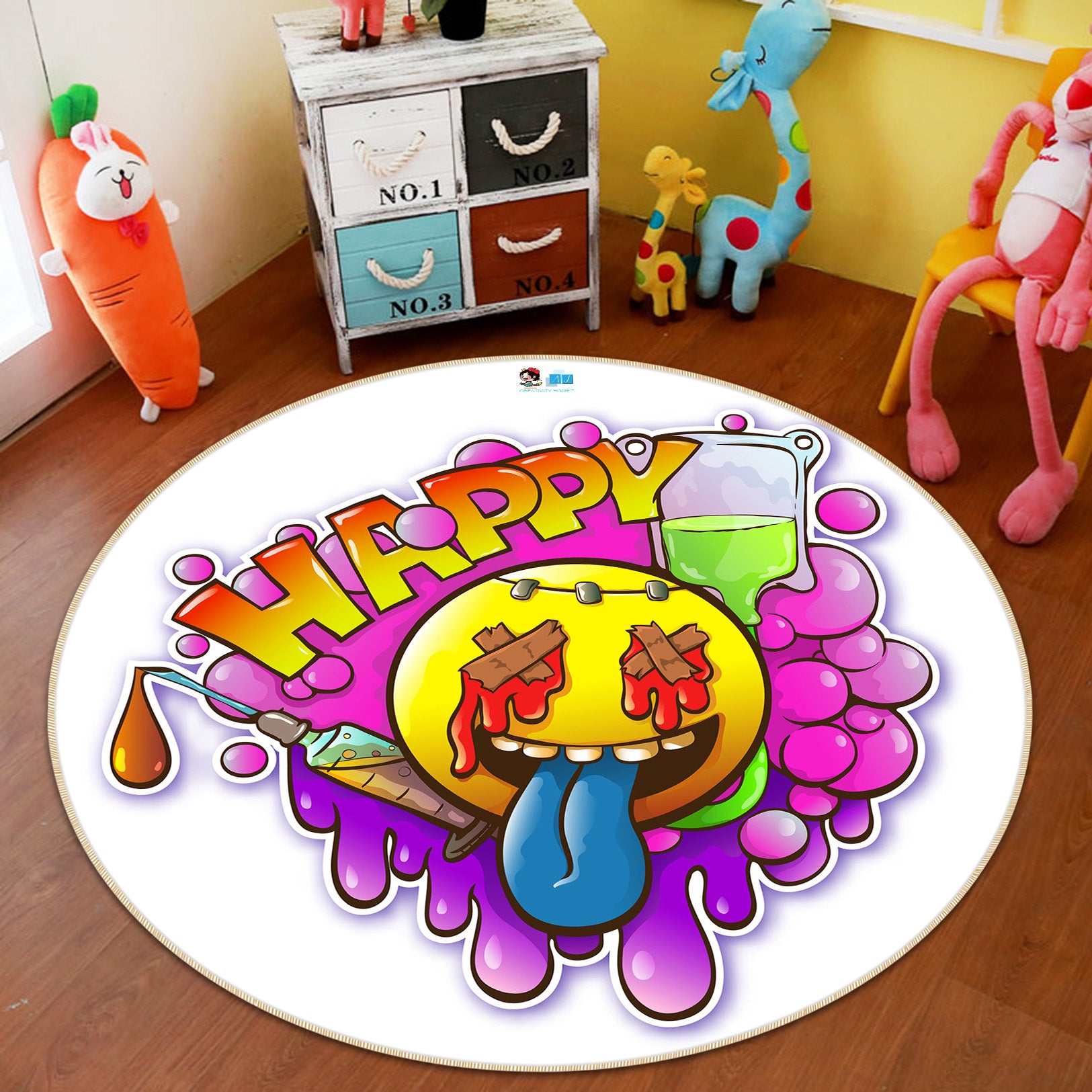 3D Happy Emoji 74262 Round Non Slip Rug Mat