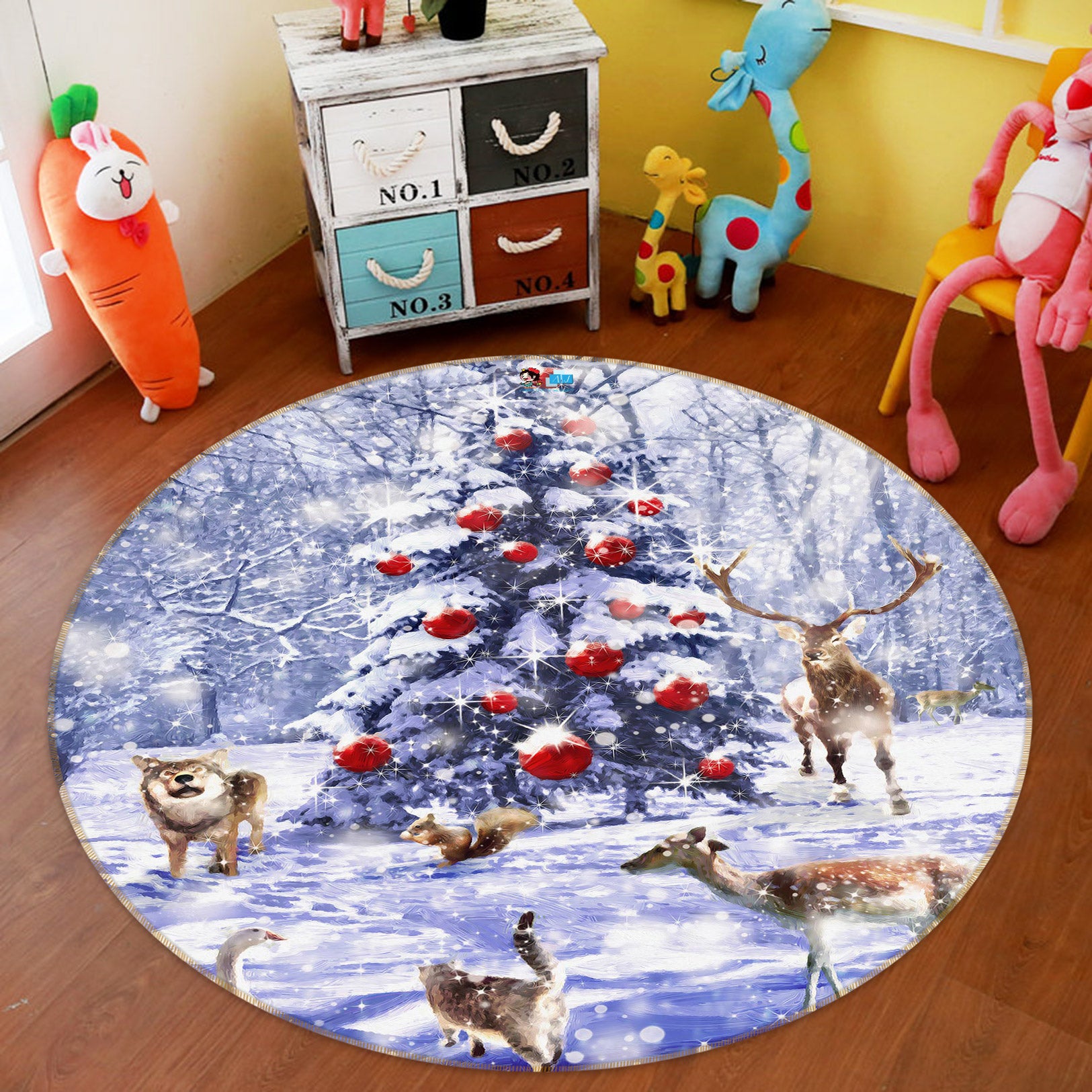 3D Snow Deer 54027 Christmas Round Non Slip Rug Mat Xmas