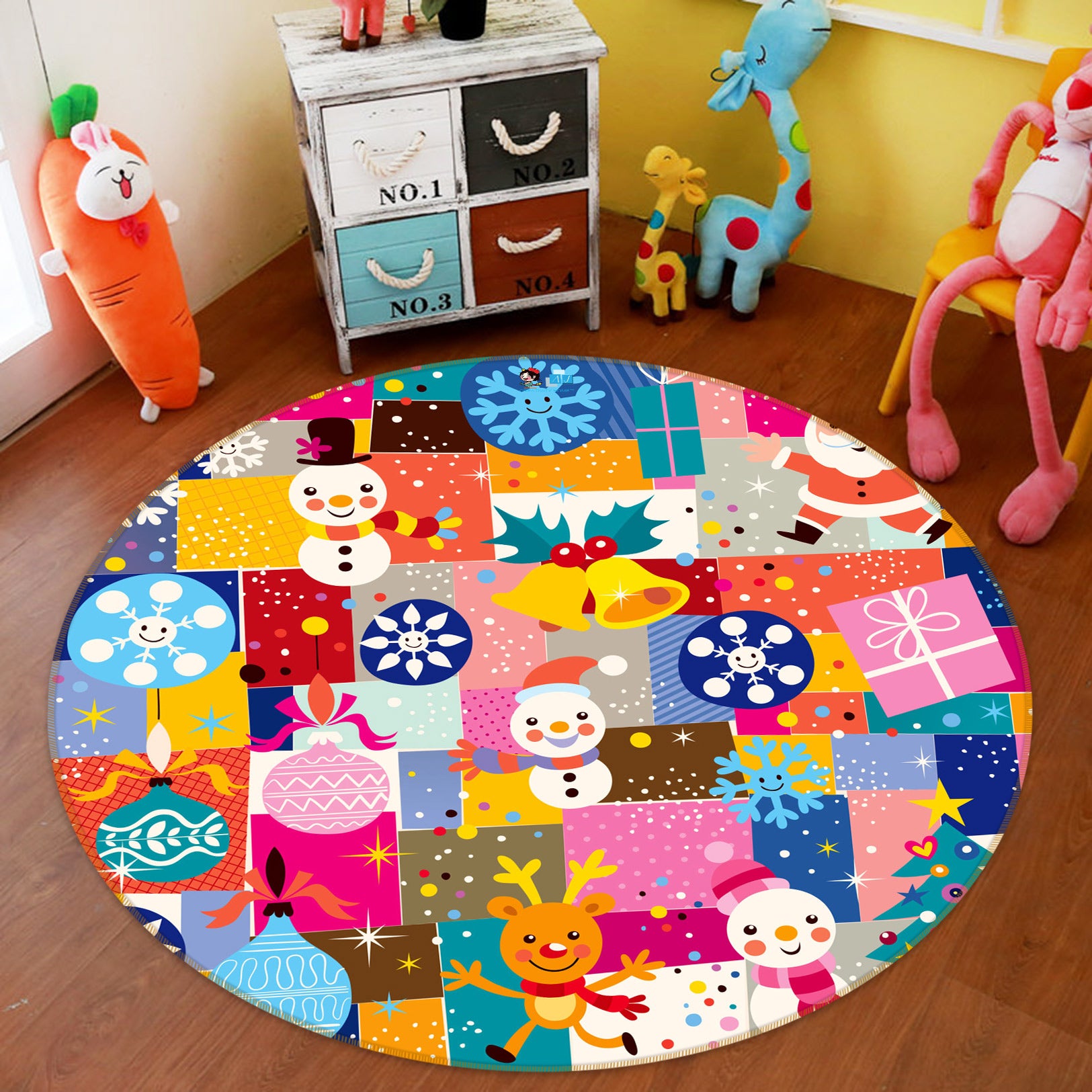3D Color Cartoon Snowman Deer 54012 Christmas Round Non Slip Rug Mat Xmas