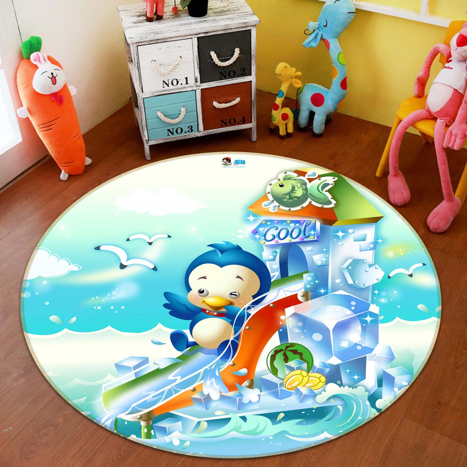 3D Slide Penguin 74297 Round Non Slip Rug Mat