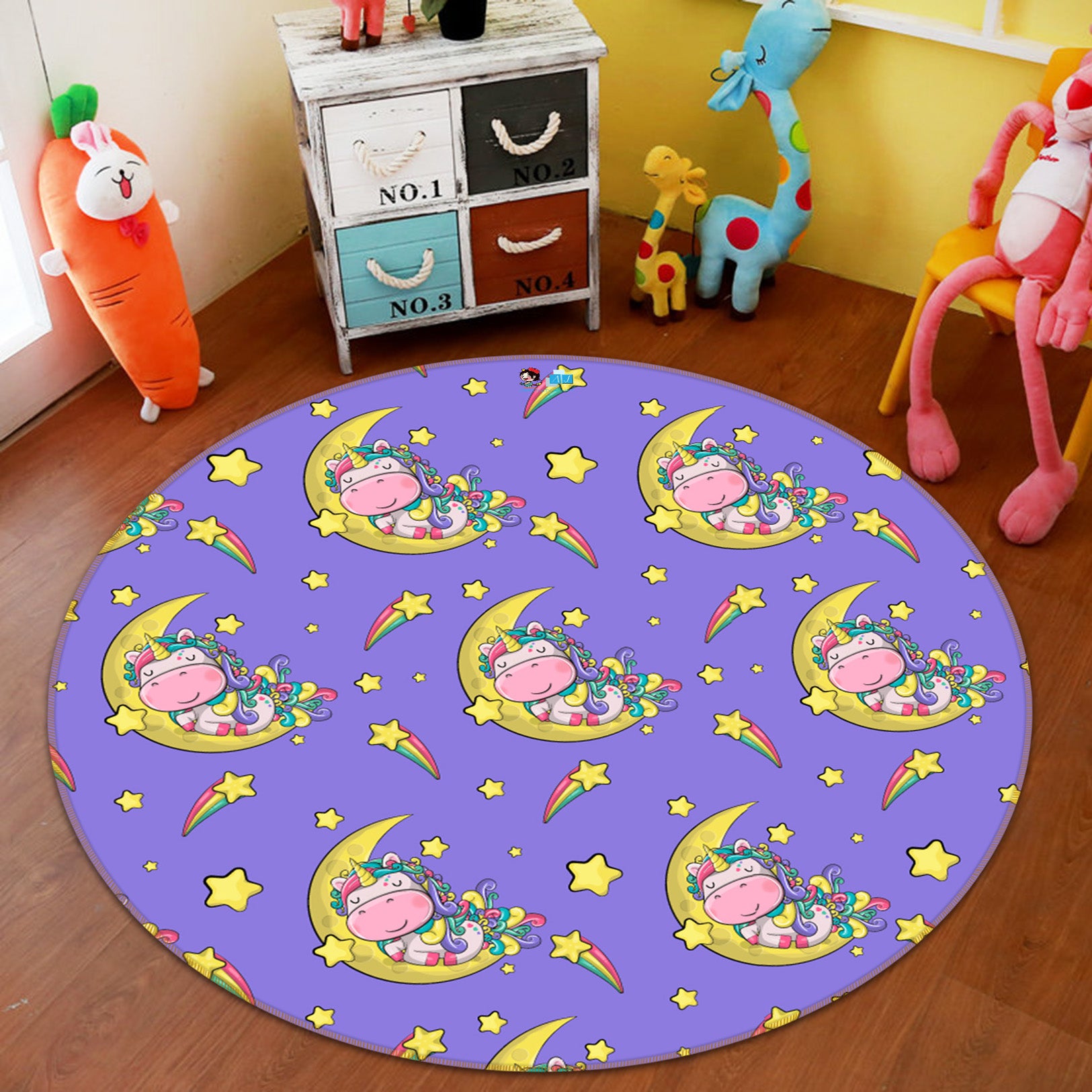 3D Star Moon Unicorn Pattern 81077 Round Non Slip Rug Mat