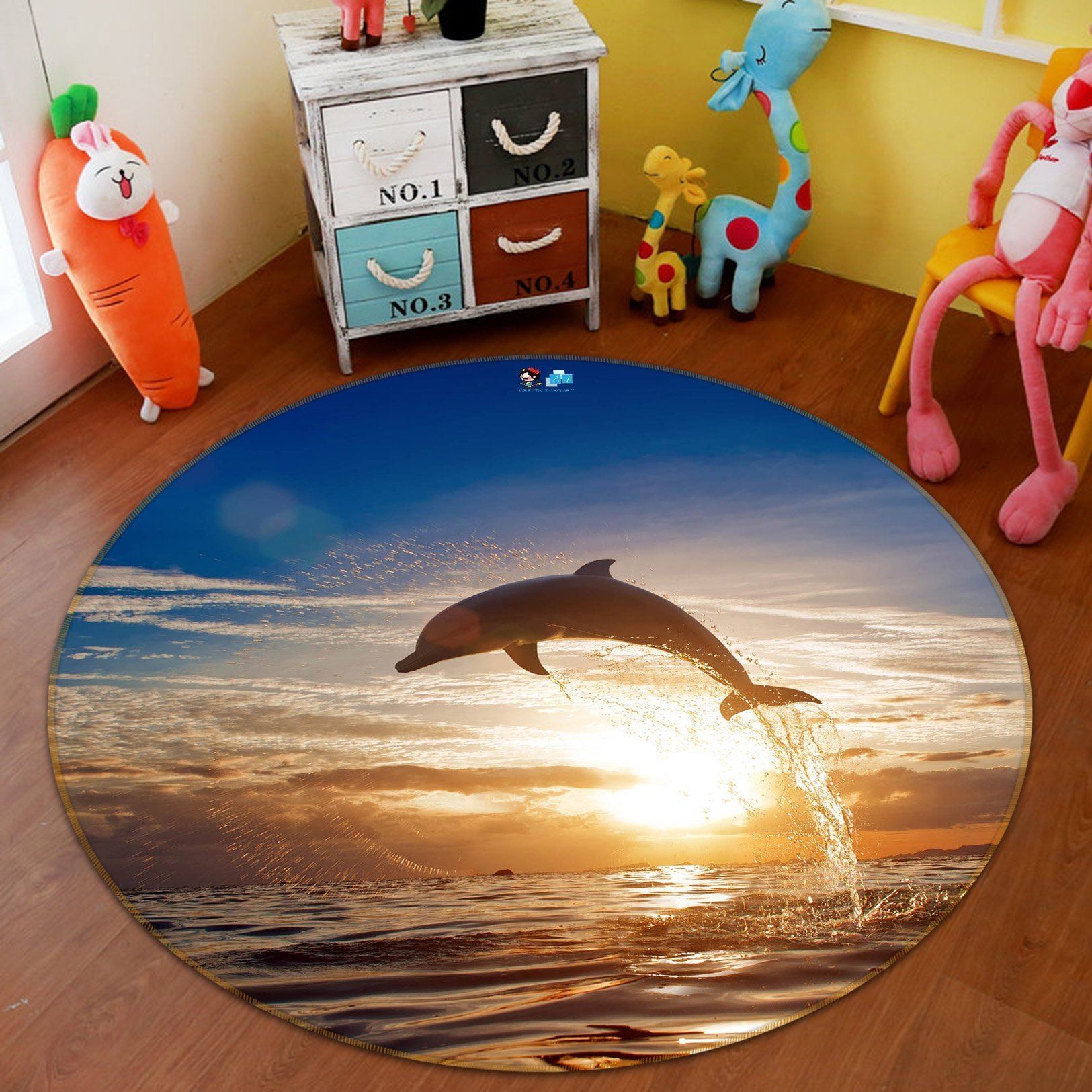 3D Sea Jumping Dolphin 44 Round Non Slip Rug Mat Mat AJ Creativity Home
