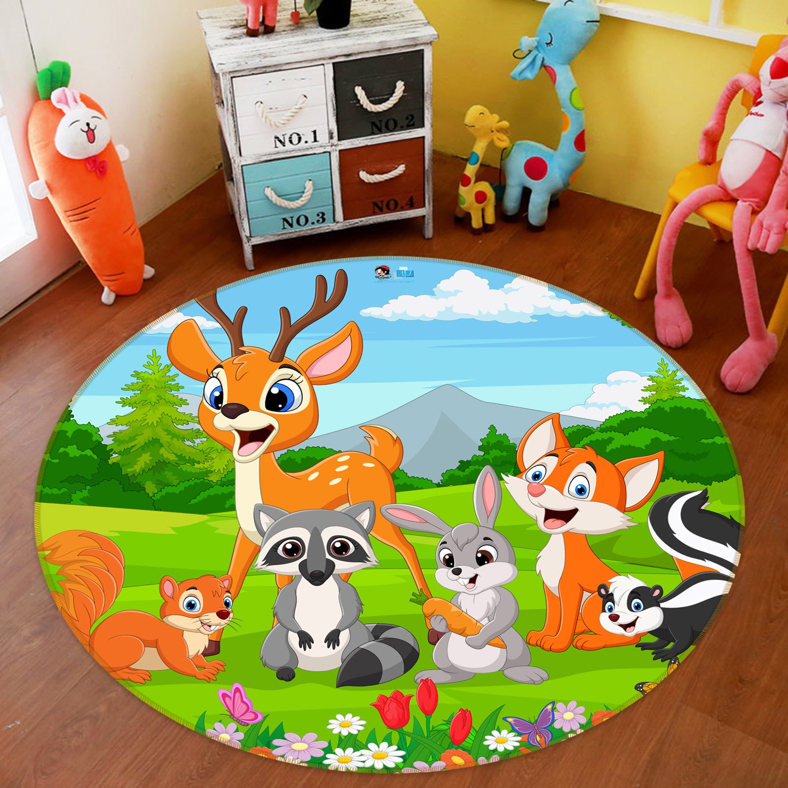 3D Cartoon Animal Meadow 81228 Round Non Slip Rug Mat