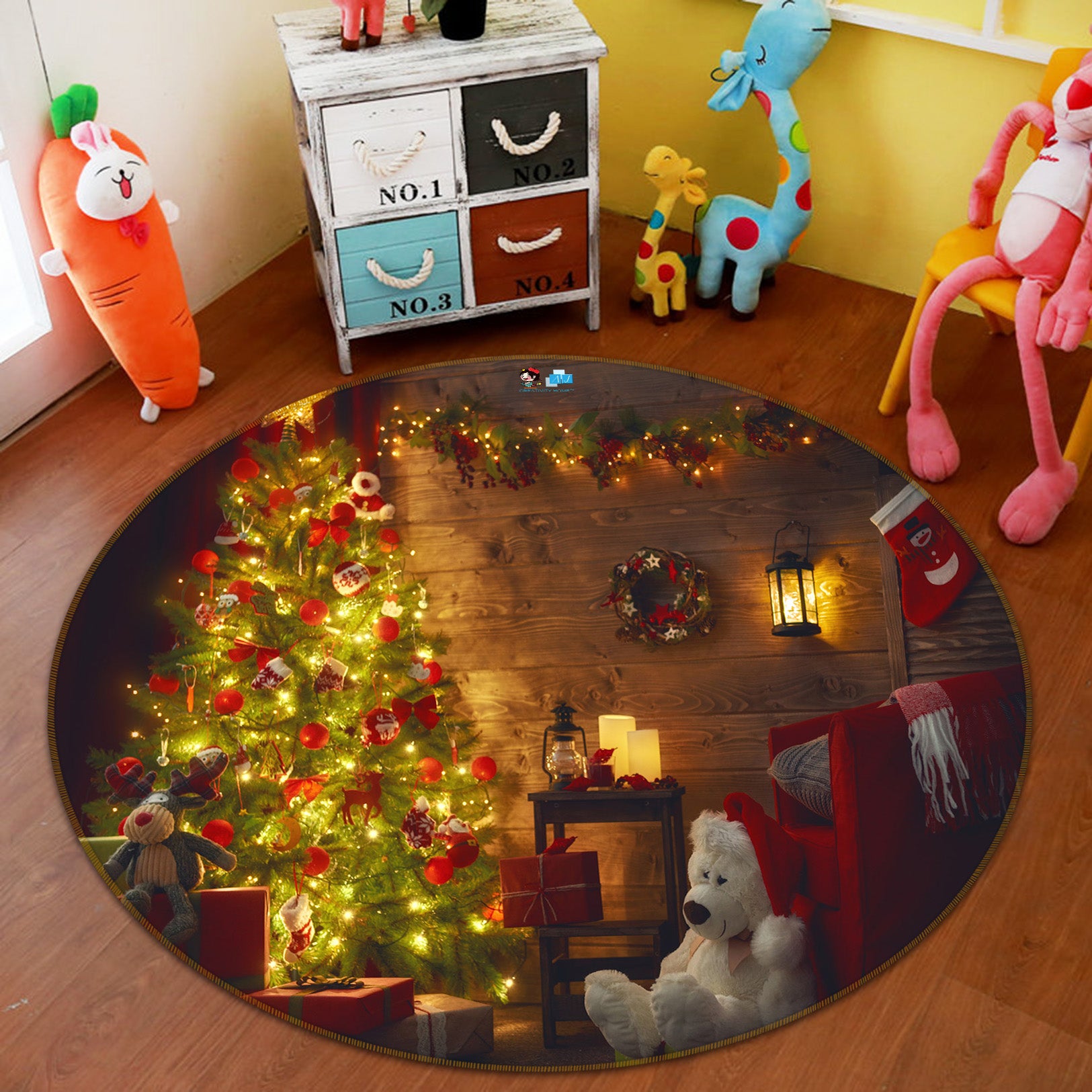 3D Tree Bear Doll 54153 Christmas Round Non Slip Rug Mat Xmas