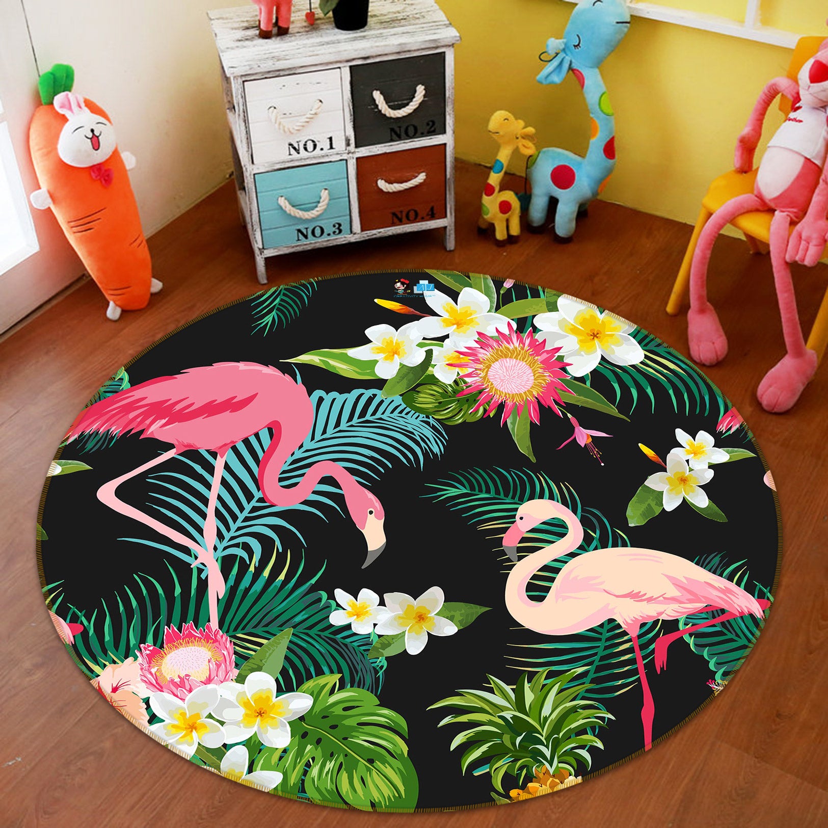 3D Flamingo Leaves 72232 Round Non Slip Rug Mat