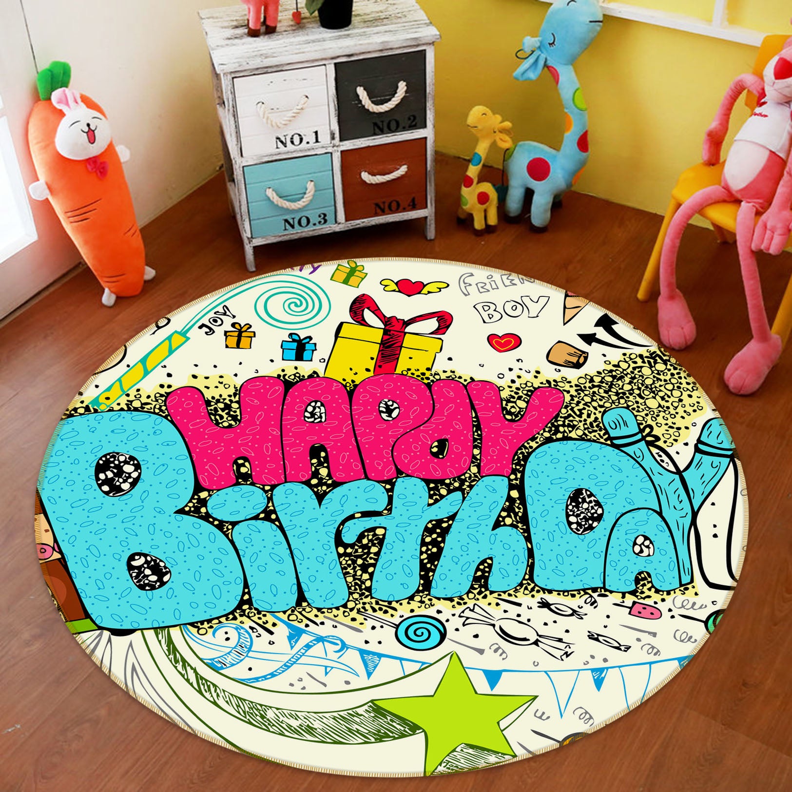 3D Happy Birthday 29100 Round Non Slip Rug Mat